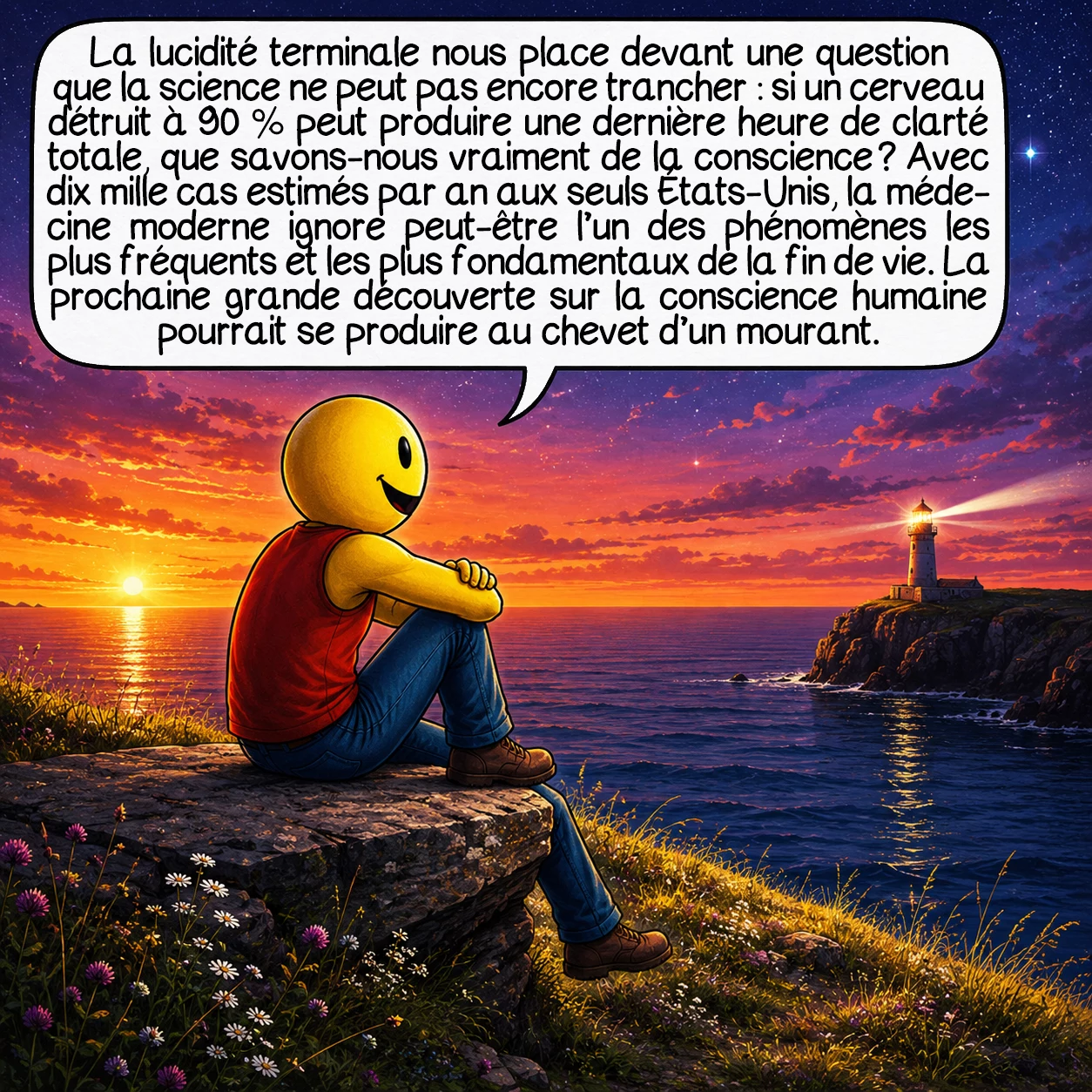 La lucidité terminale, case 10 : La lucidité terminale nous place devant une question que la science ne peut pas encore trancher : si un cerveau détruit à 90 % peut produire une dernière heure de clarté totale, que savons-nous vraiment de la conscience ? Dix mille cas estimés par an aux seuls États-Unis, zéro mesure EEG directe réalisée à ce jour. La médecine moderne ignore peut-être l’un des phénomènes les plus fréquents et les plus fondamentaux de la fin de vie. La prochaine grande découverte sur la conscience humaine pourrait se produire au chevet d’un mourant.