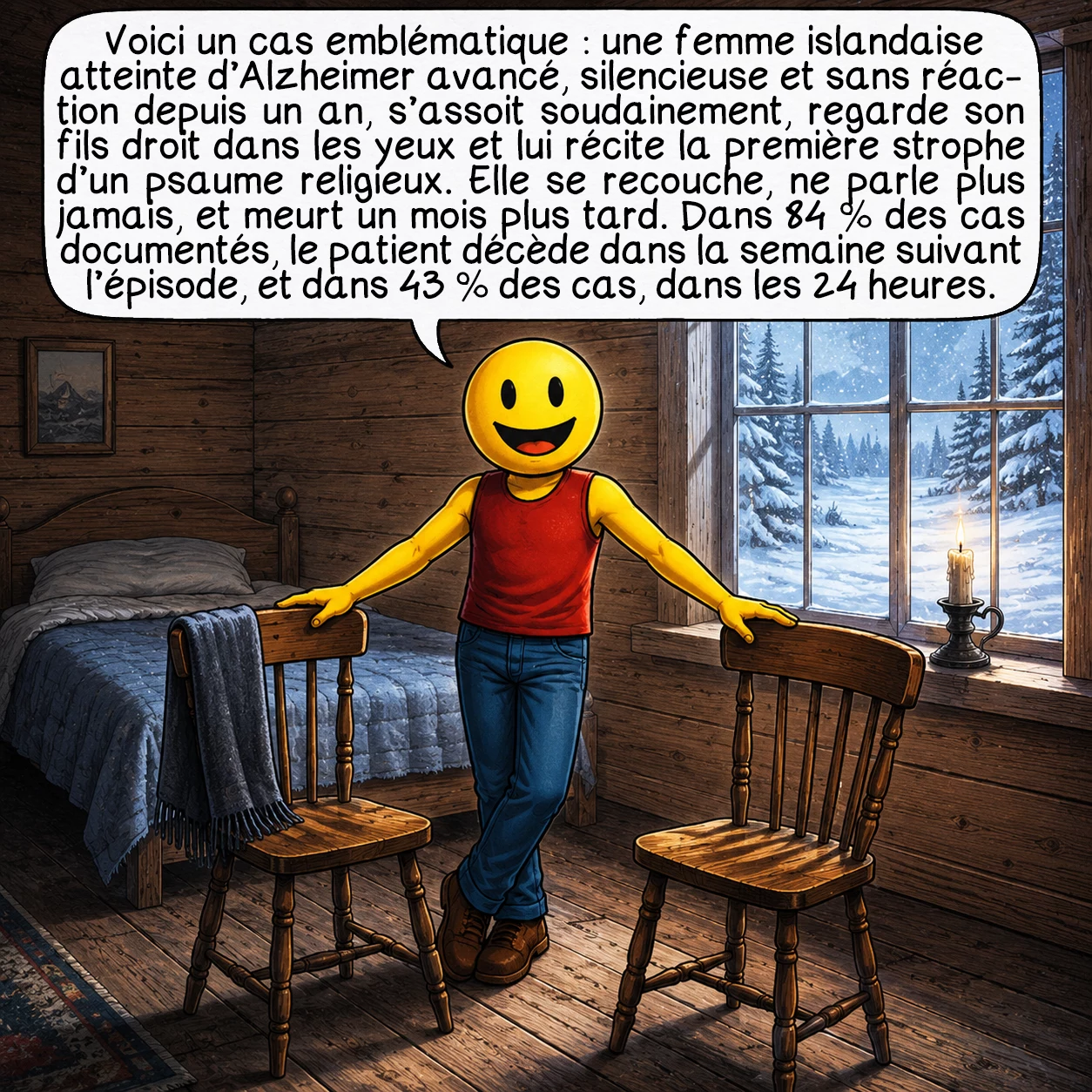 La lucidité terminale, case 3 : Voici un cas emblématique : une femme islandaise atteinte d’Alzheimer avancé, silencieuse et sans réaction depuis un an, s’assoit soudainement, regarde son fils droit dans les yeux et lui récite la première strophe d’un psaume religieux. Elle se recouche, ne parle plus jamais, et meurt un mois plus tard. Dans 84 % des cas documentés, le patient décède dans la semaine suivant l’épisode — et dans 43 % des cas, dans les 24 heures.