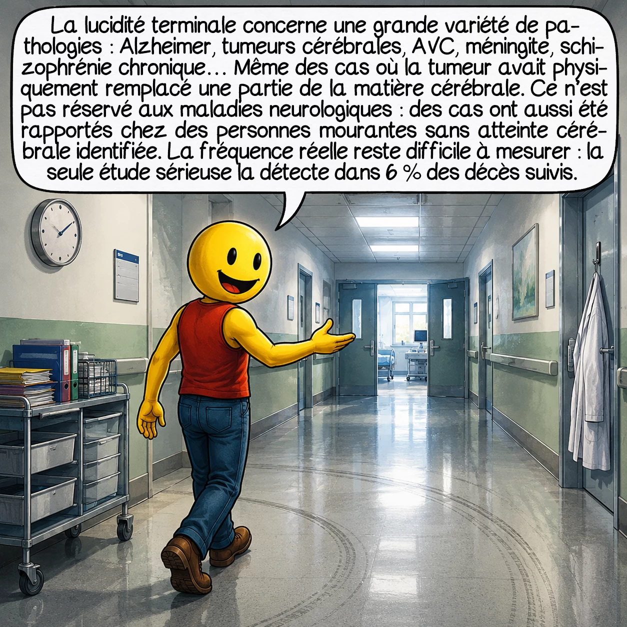 La lucidité terminale, case 4 : La lucidité terminale concerne une grande variété de pathologies : Alzheimer, tumeurs cérébrales, AVC, méningite, schizophrénie chronique — même des cas où la tumeur avait physiquement remplacé une partie de la matière cérébrale. Ce n’est pas réservé aux maladies neurologiques : des cas ont aussi été rapportés chez des personnes mourantes sans atteinte cérébrale identifiée. La fréquence réelle reste difficile à mesurer : la seule étude prospective sérieuse la détecte dans 6 % des décès suivis.