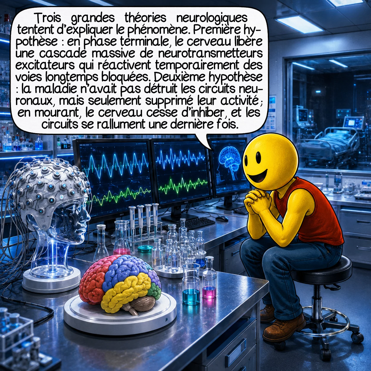 La lucidité terminale, case 5 : Trois grandes théories neurologiques tentent d’expliquer le phénomène. Première hypothèse : en phase terminale, le cerveau libère une cascade massive de neurotransmetteurs excitateurs — dopamine, acétylcholine — qui réactivent temporairement des voies longtemps bloquées. Deuxième hypothèse : la maladie n’avait pas détruit les circuits neuronaux, mais seulement supprimé leur activité ; en mourant, le cerveau cesse d’inhiber, et les circuits se rallument une dernière fois.