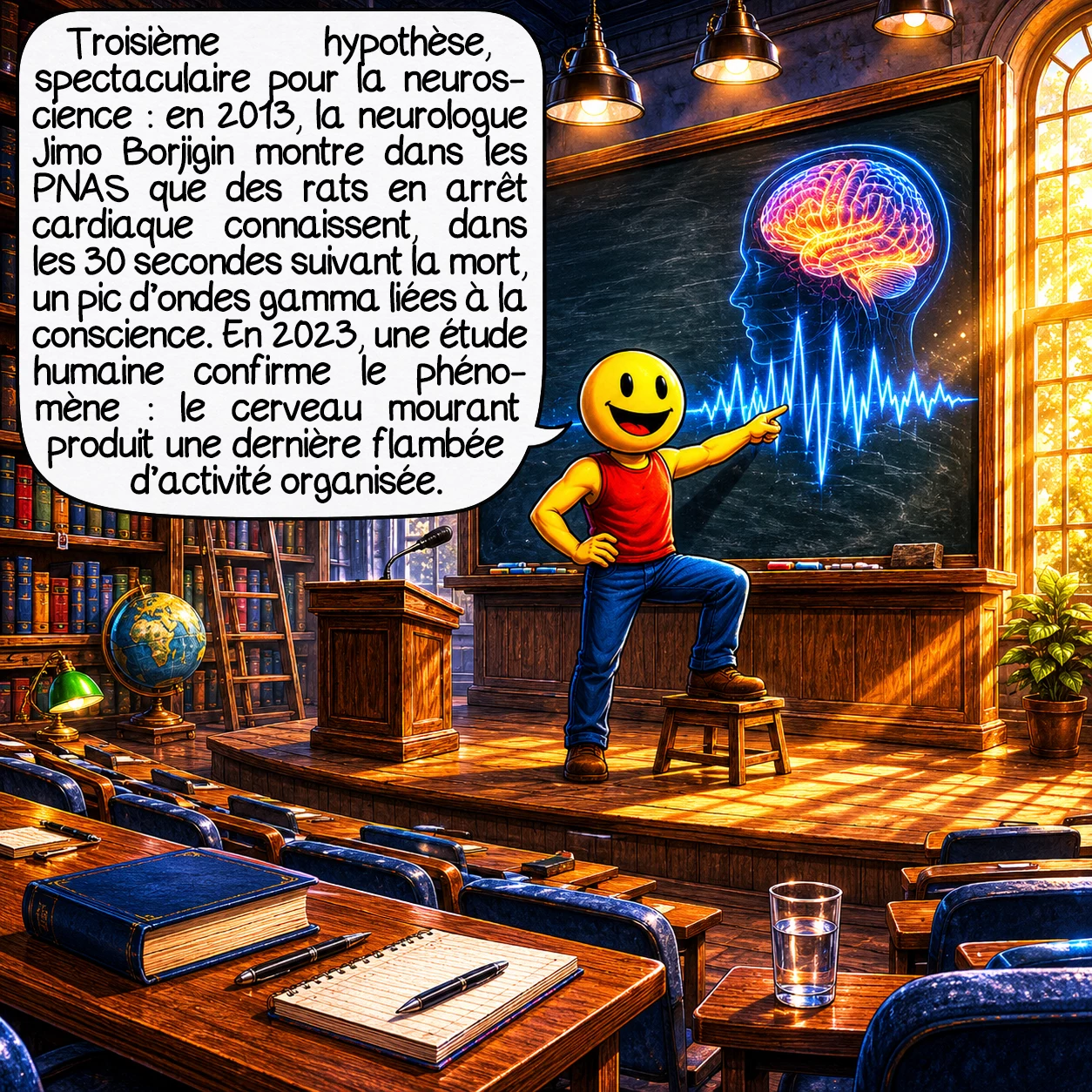La lucidité terminale, case 6 : Troisième hypothèse — et la plus spectaculaire pour la neuroscience : en 2013, la neurologue Jimo Borjigin publie dans les PNAS que des rats en arrêt cardiaque présentent un pic brutal d’oscillations gamma — les ondes du cerveau associées à la conscience active — dans les 30 secondes suivant le décès. En 2023, une étude humaine en réanimation confirme ce phénomène. Le cerveau mourant ne s’éteint pas en silence : il produit une dernière flambée d’activité organisée.