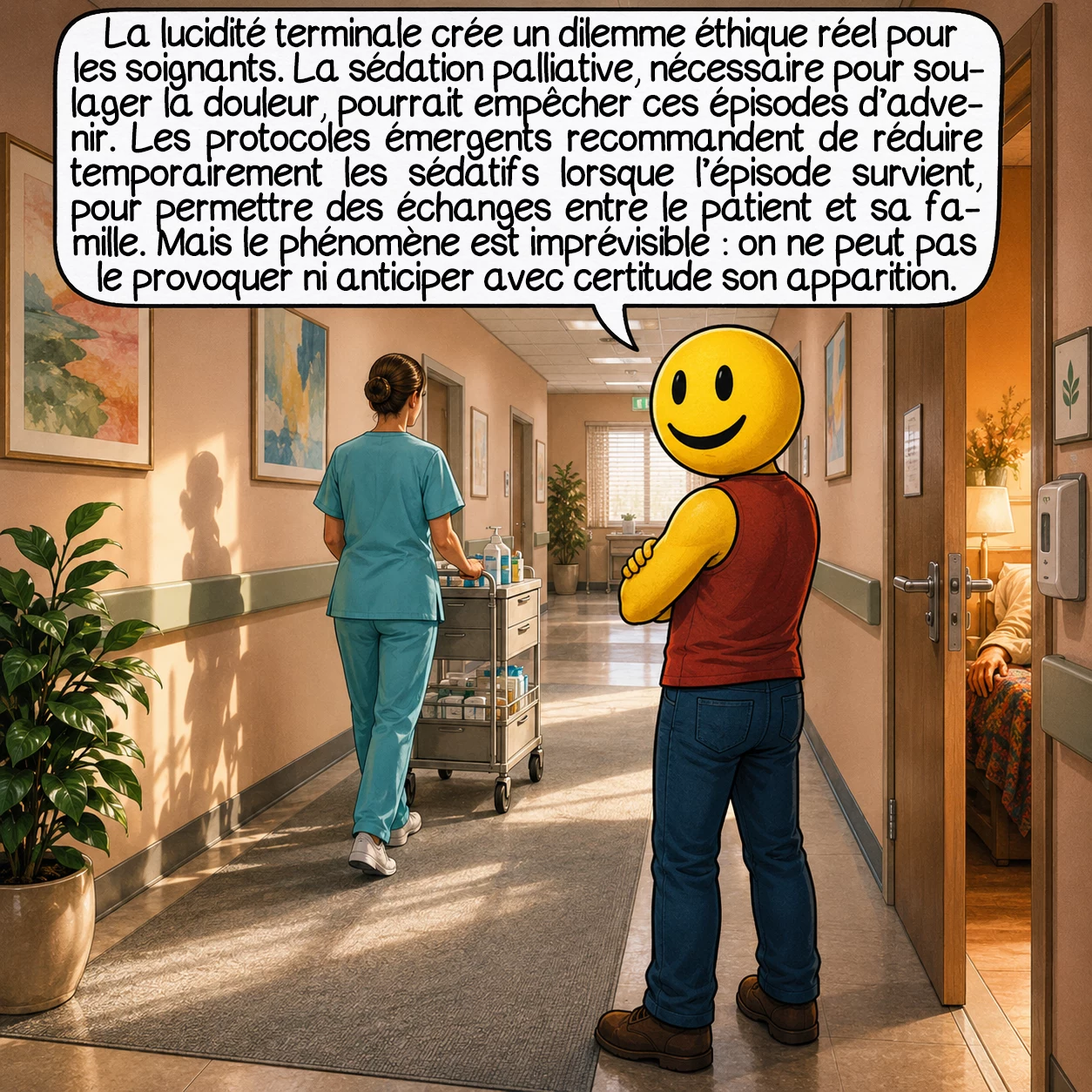 La lucidité terminale, case 8 : La lucidité terminale crée un dilemme éthique réel pour les soignants. La sédation palliative — nécessaire pour soulager la douleur — pourrait empêcher ces épisodes d’advenir. Les protocoles émergents recommandent de réduire temporairement les sédatifs lorsque l’épisode survient, pour permettre des échanges entre le patient et sa famille. Mais le phénomène est imprévisible : on ne peut pas le provoquer ni anticiper avec certitude son apparition.