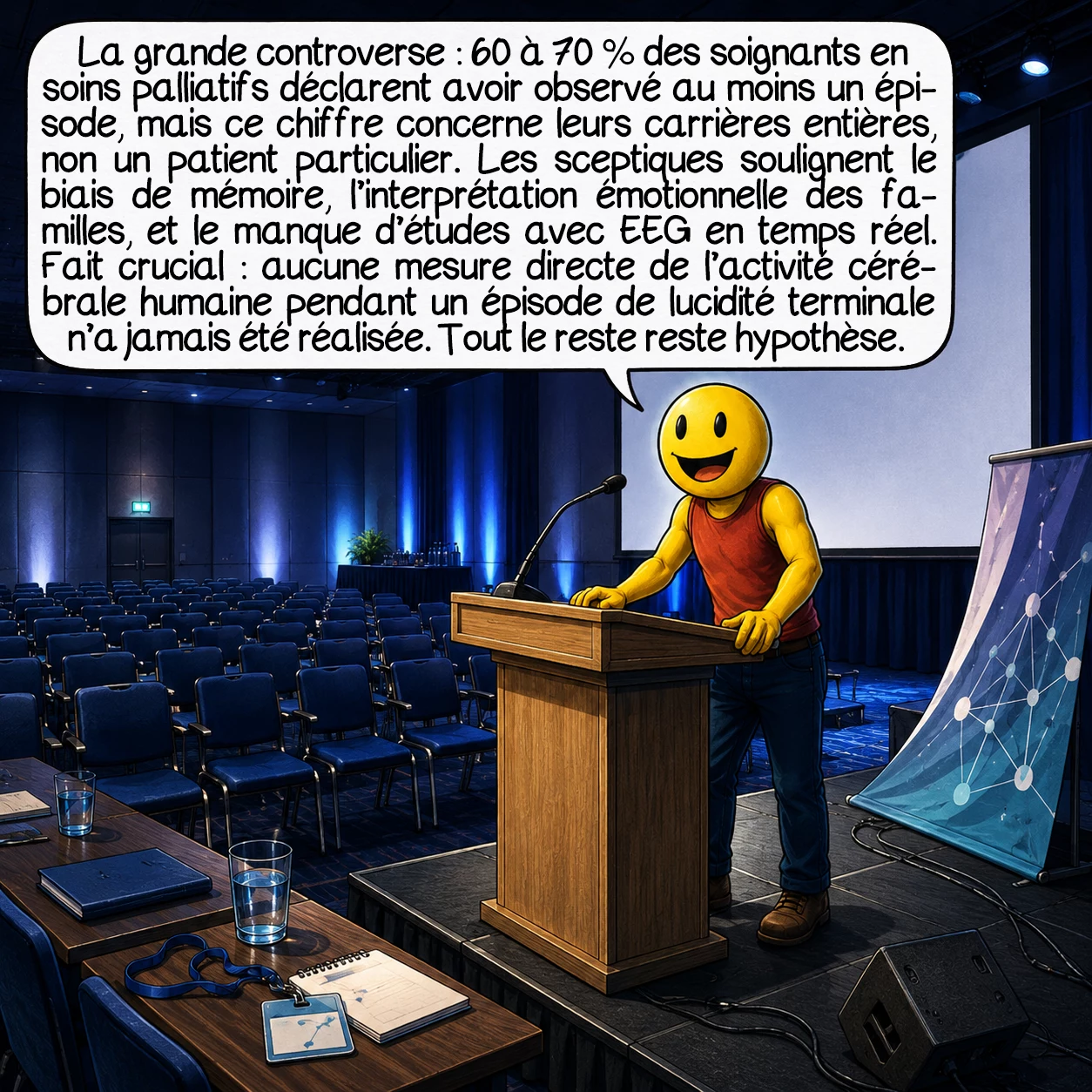 La lucidité terminale, case 9 : La grande controverse : 60 à 70 % des soignants en soins palliatifs déclarent avoir observé au moins un épisode — mais ce chiffre concerne leurs carrières entières, non un patient particulier. Les sceptiques soulignent le biais de mémoire, l’interprétation émotionnelle des familles, et le manque d’études avec EEG en temps réel. Fait crucial : aucune mesure directe de l’activité cérébrale humaine pendant un épisode de lucidité terminale n’a jamais été réalisée. Tout le reste reste hypothèse.