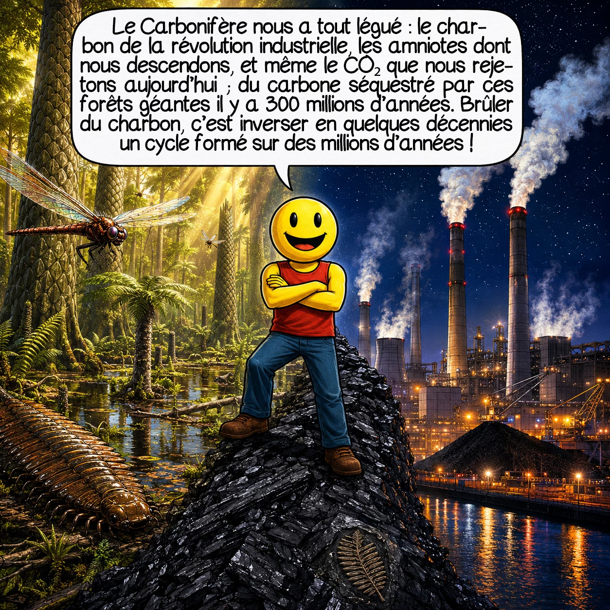 Le carbonifère, case 10 : Le Carbonifère nous a tout légué : le charbon qui a alimenté la révolution industrielle, les amniotes dont nous descendons, et même le CO₂ que nous rejetons aujourd’hui — qui était, lui, le carbone séquestré par ces forêts géantes il y a 300 millions d’années. Brûler du charbon, c’est inverser en quelques décennies un cycle qui avait mis des millions d’années à se former. L’histoire de la Terre est longue. Notre empreinte sur elle, elle, est étonnamment rapide.