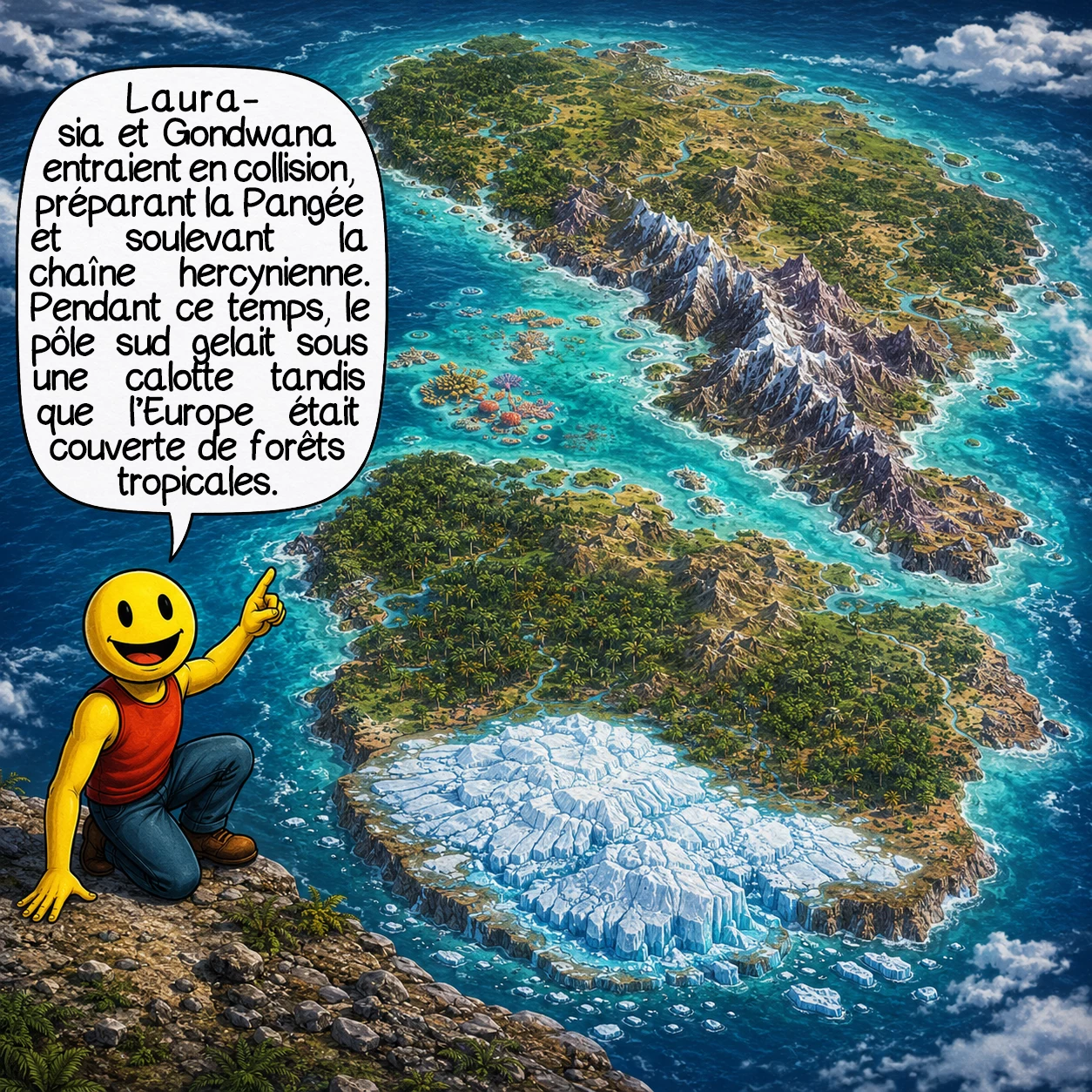Le carbonifère, case 2 : Les continents ne ressemblaient à rien de connu : la Laurasia au nord et le Gondwana au sud entraient en collision, formant la future Pangée. Cette collision créait la chaîne hercynienne — dont le Massif central et les Vosges sont aujourd’hui les cicatrices. Paradoxe spectaculaire : une calotte glaciaire existait au pôle sud pendant que des forêts tropicales couvraient l’Europe entière.
