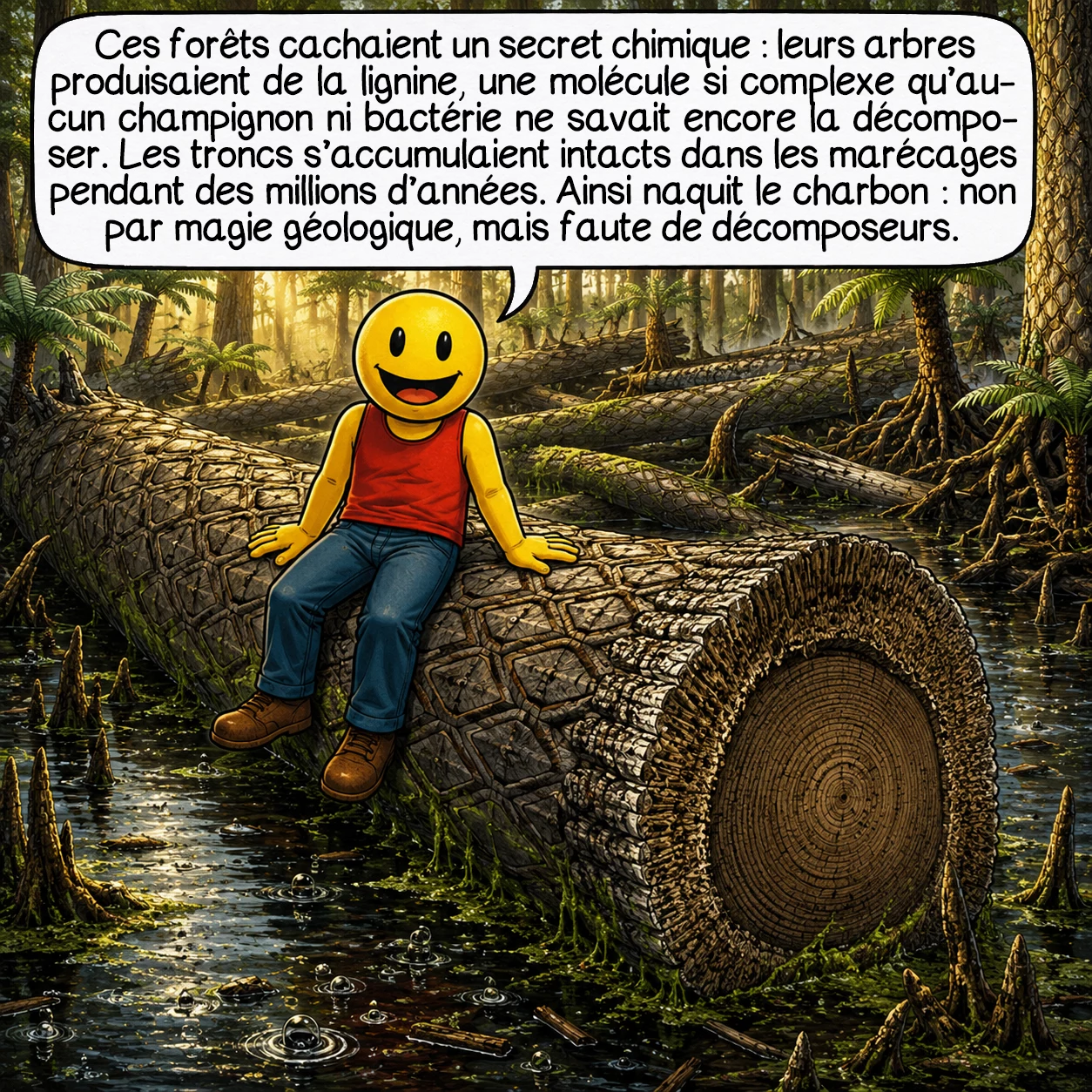 Le carbonifère, case 3 : Ces forêts cachaient un secret chimique extraordinaire : leurs arbres produisaient de la lignine, une molécule structurante si complexe qu’aucun champignon ni bactérie de l’époque ne savait la décomposer. Les troncs s’accumulaient donc intacts dans les marécages, couche après couche, pendant des millions d’années. C’est la naissance du charbon — non par magie géologique, mais par absence de décomposeurs.