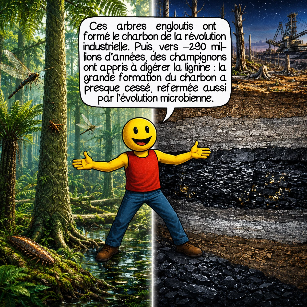 Le carbonifère, case 4 : Ces arbres engloutis sont devenus les gisements de charbon qui ont alimenté la révolution industrielle. La quasi-totalité du charbon exploité dans le monde vient de cette période. Mais vers –290 millions d’années, quelque chose change : des champignons basidiomycètes évoluent enfin pour digérer la lignine. La formation massive de charbon s’arrête presque immédiatement — c’est l’évolution microbienne, et non la géologie seule, qui a clos l’âge du charbon.