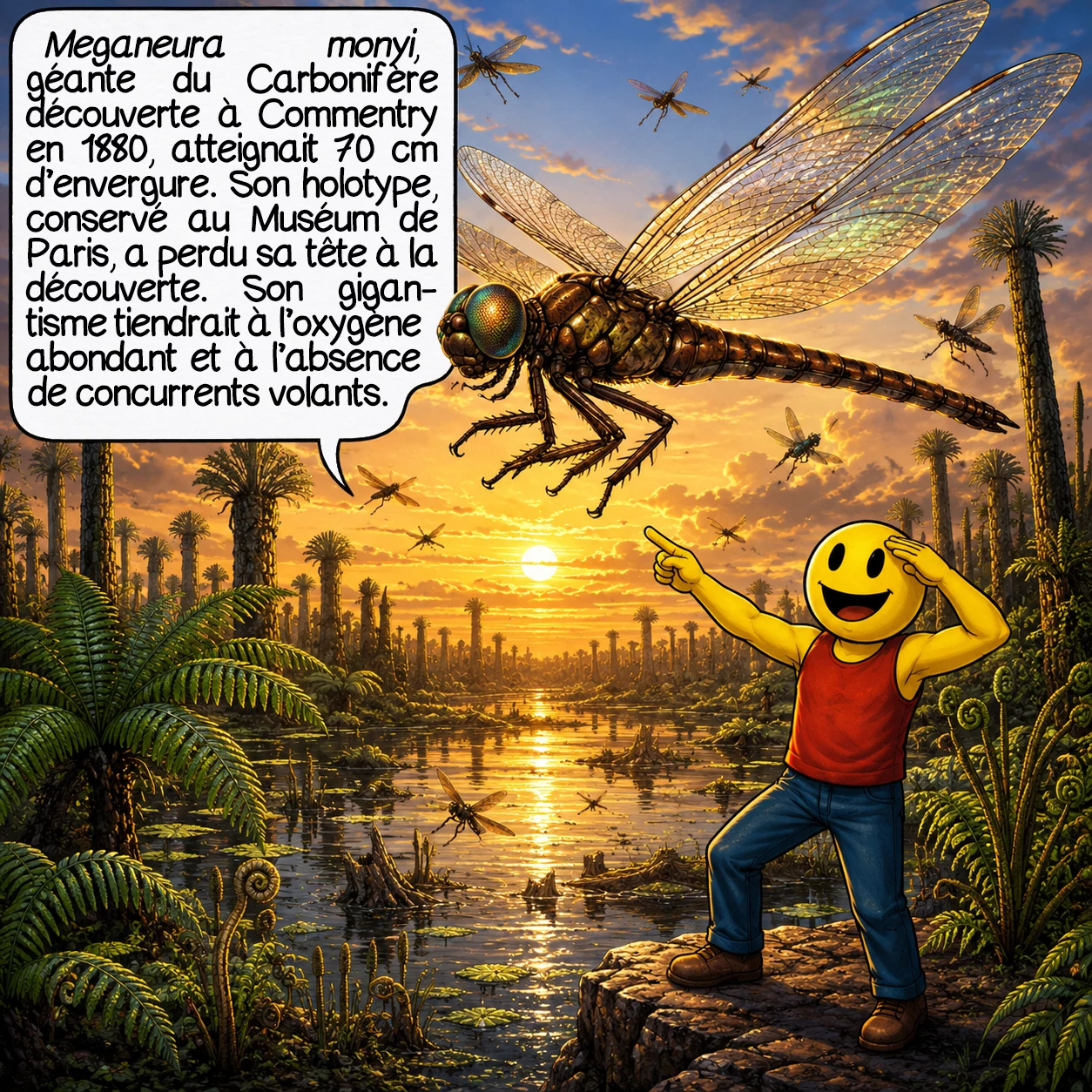 Le carbonifère, case 5 : La star absolue du Carbonifère : Meganeura monyi, découverte en 1880 dans les mines de Commentry, en Auvergne. Soixante-dix centimètres d’envergure, des yeux à vision 360°, superprédateur des airs. Son fossile holotype est au Muséum de Paris — mais il lui manque la tête, détruite accidentellement à coups de pioche par le mineur qui l’a trouvée. Son gigantisme s’explique partiellement par un taux d’oxygène plus élevé, mais aussi par l’absence totale de vertébrés volants pour lui faire concurrence.