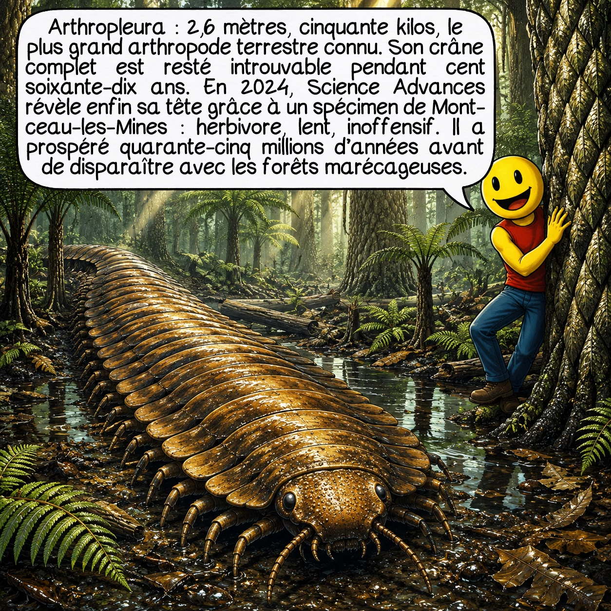 Le carbonifère, case 6 : Arthropleura : 2,6 mètres de long, cinquante kilos, plus grand arthropode terrestre de toute l’histoire. Pendant cent soixante-dix ans, les scientifiques n’ont jamais trouvé de crâne complet. En 2024, une étude publiée dans Science Advances révèle enfin sa tête grâce à un spécimen de Montceau-les-Mines : herbivore, lent, inoffensif. Aucun prédateur ne l’attaquait à l’âge adulte. Il a prospéré quarante-cinq millions d’années avant de disparaître avec les forêts marécageuses.
