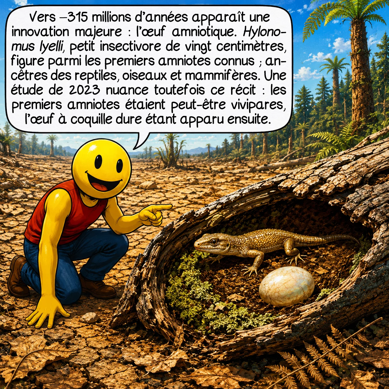 Le carbonifère, case 7 : Vers –315 millions d’années apparaît l’une des innovations les plus décisives de l’évolution animale : l’œuf amniotique. Hylonomus lyelli, petit insectivore de vingt centimètres, est parmi les premiers amniotes connus — ancêtre commun de tous les reptiles, oiseaux et mammifères, humains compris. Cet œuf est apparu une seule fois dans l’histoire du vivant. Subtilité récente : une étude de 2023 suggère que les premiers amniotes étaient peut-être vivipares, l’œuf à coquille dure n’étant qu’une évolution secondaire.
