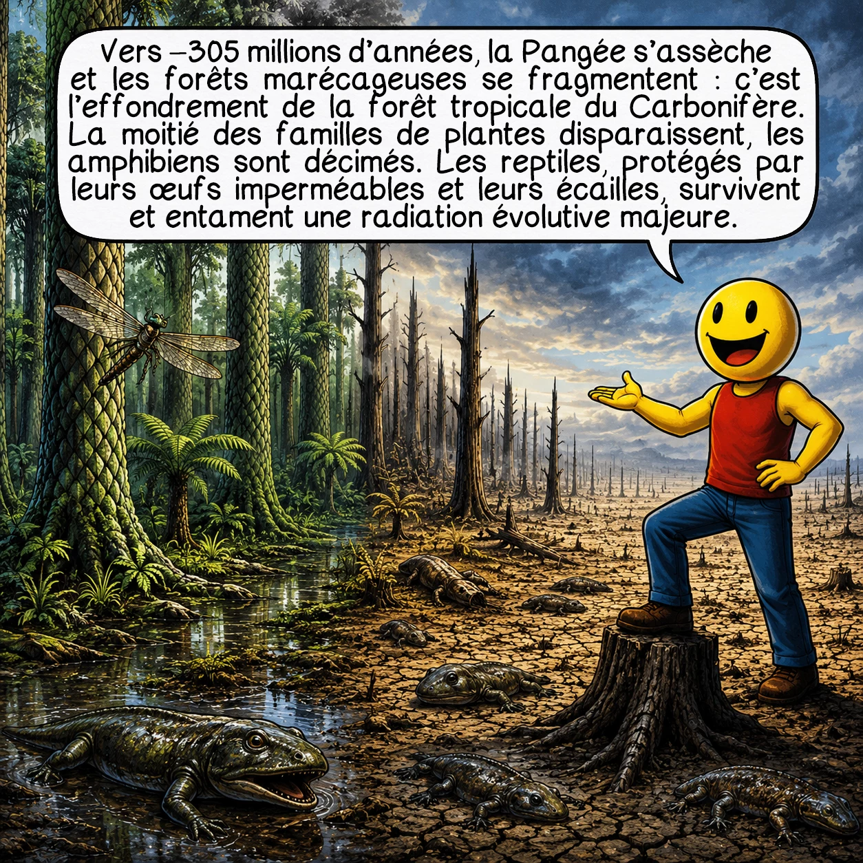 Le carbonifère, case 8 : Vers –305 millions d’années, le climat bascule. La Pangée s’assèche, les forêts marécageuses se fragmentent en îlots isolés : c’est le Carboniferous Rainforest Collapse. La moitié des familles de plantes s’éteignent. Les amphibiens, qui dépendent de l’humidité pour se reproduire, sont décimés. Mais les reptiles, avec leurs œufs imperméables et leurs écailles qui retiennent l’eau, traversent la crise et entament une radiation évolutive sans précédent.