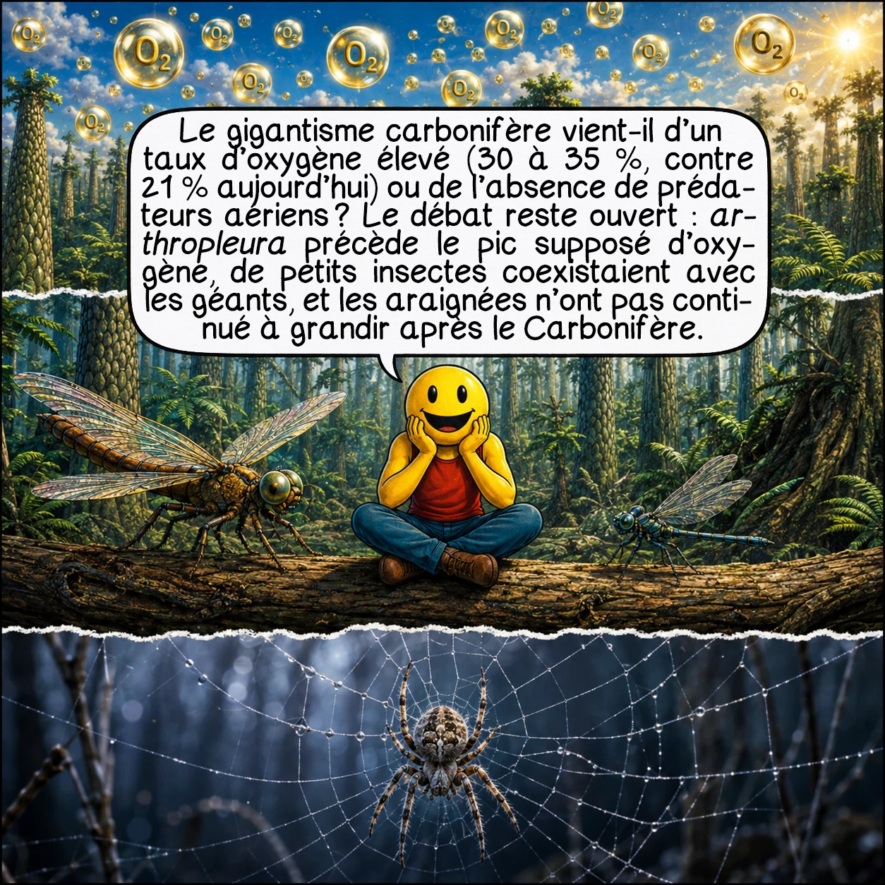 Le carbonifère, case 9 : Grande controverse : le gigantisme carbonifère est-il dû au taux d’oxygène élevé — peut-être 30 à 35 %, contre 21 % aujourd’hui — ou à l’absence de prédateurs aériens ? Un fossile d’Arthropleura de 2021 précède le pic d’oxygène supposé. Des insectes minuscules coexistaient avec les géants. Et le professeur Seymour argue que, si l’oxygène seul expliquait tout, les araignées — peu gourmandes en énergie — auraient continué à croître après le Carbonifère. La réalité est pluricausale, et le débat reste ouvert.