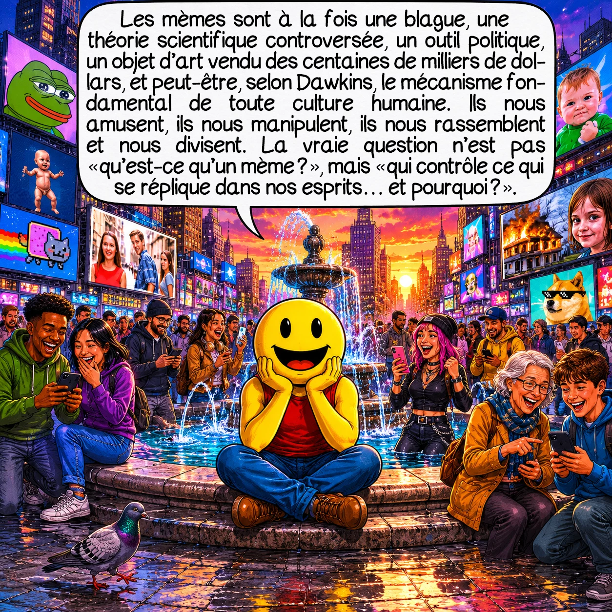 Les mèmes, case 10 : Les mèmes sont à la fois une blague, une théorie scientifique controversée, un outil politique, un objet d’art vendu des centaines de milliers de dollars, et peut-être — selon Dawkins — le mécanisme fondamental de toute culture humaine. Ils nous amusent, ils nous manipulent, ils nous rassemblent et nous divisent. La vraie question n’est pas « qu’est-ce qu’un mème ? », mais « qui contrôle ce qui se réplique dans nos esprits — et pourquoi ? »