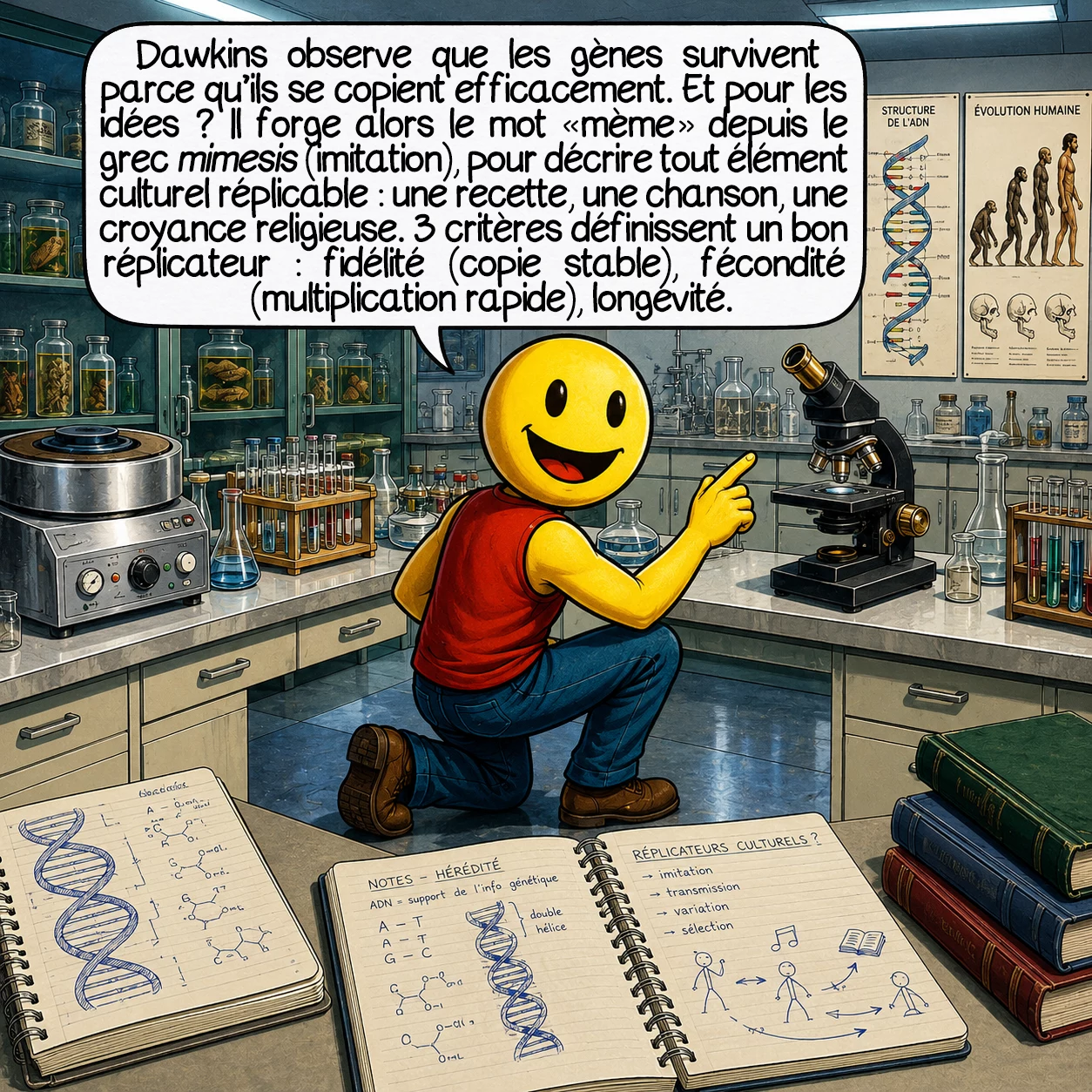 Les mèmes, case 2 : Dawkins observe que les gènes survivent parce qu’ils se copient efficacement — et il se demande si les idées ne fonctionnent pas pareil. Il forge alors le mot « mème » depuis le grec mimesis (imitation), pour décrire tout élément culturel réplicable : une recette, une chanson, une croyance religieuse. Trois critères définissent un bon réplicateur : fidélité (copie stable), fécondité (multiplication rapide), longévité.