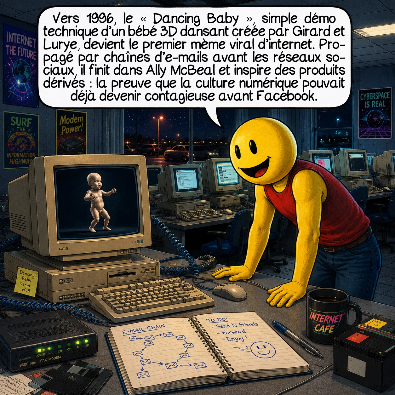 Les mèmes, case 3 : Le premier mème viral d’internet apparaît vers 1996 : le « Dancing Baby », bébé 3D dansant, conçu comme simple démo technique par les animateurs Girard et Lurye. Il se propage via des chaînes d’e-mails — les réseaux sociaux n’existent pas encore. Il devient si célèbre qu’il apparaît dans la série télévisée Ally McBeal et génère des produits dérivés. C’est la preuve que la contagion culturelle numérique est possible bien avant Facebook.