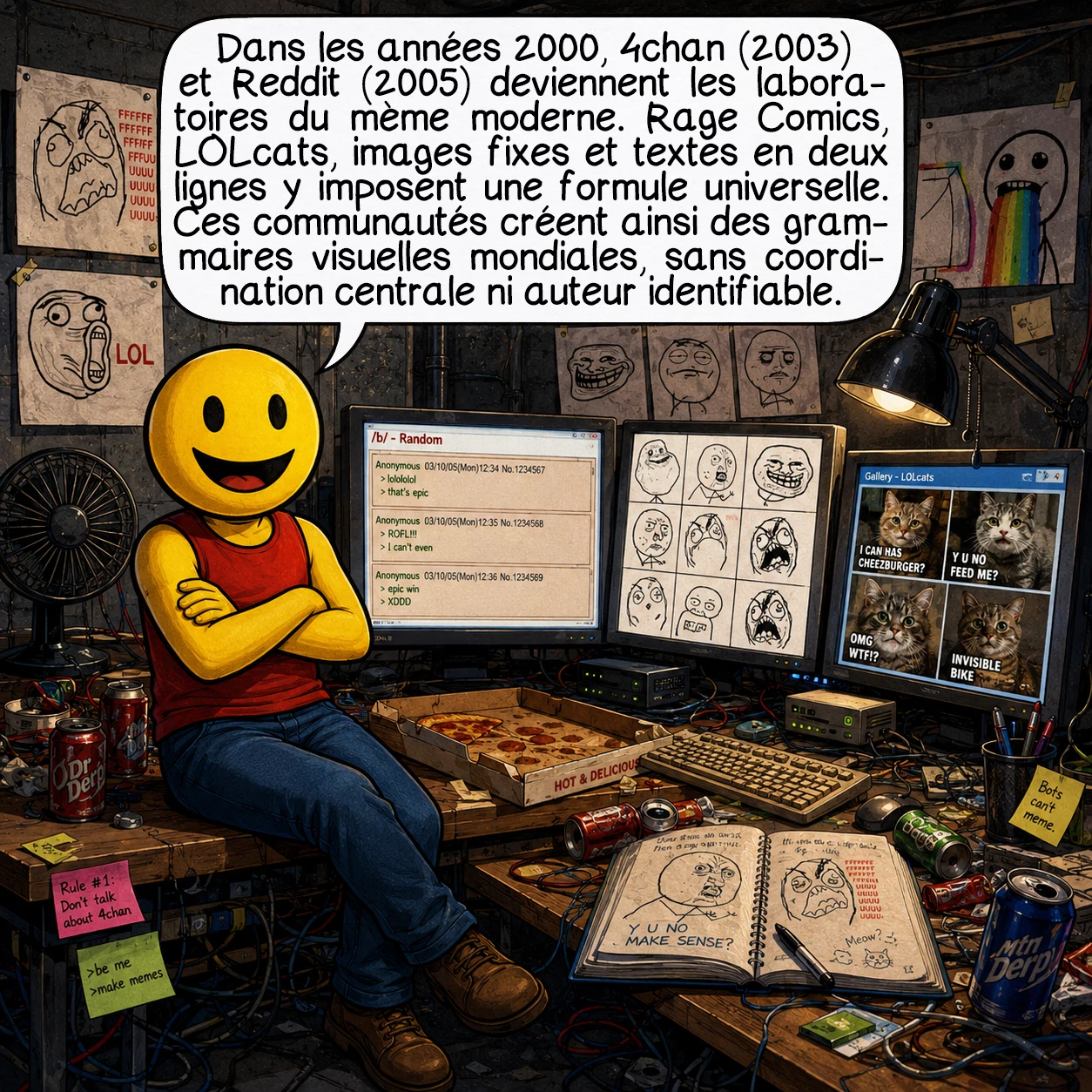 Les mèmes, case 4 : Dans les années 2000, 4chan (créé en 2003) et Reddit (2005) deviennent les laboratoires du mème moderne. C’est là que naissent les « Rage Comics » — visages cartoon à expressions ultra-codées — et les LOLcats. Le langage se standardise : une image fixe + un texte en deux lignes = une formule universelle. Les membres de ces communautés inventent des grammaires visuelles entières, partagées mondialement, sans coordination centrale ni auteur identifiable.