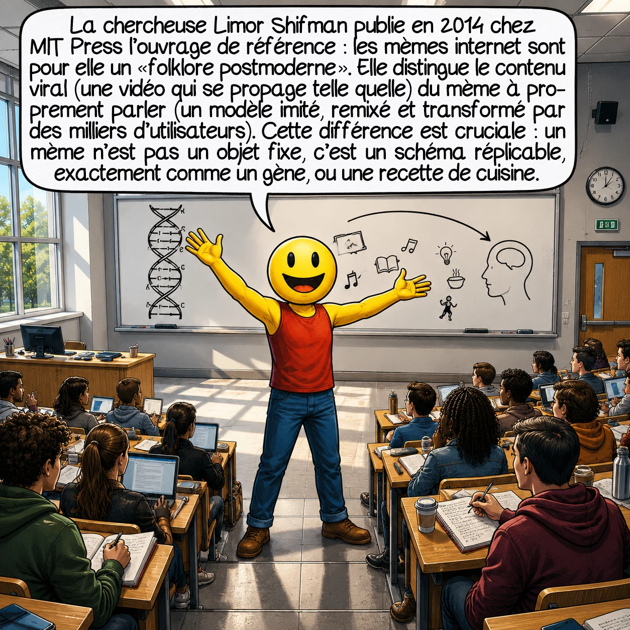 Les mèmes, case 5 : La chercheuse Limor Shifman publie en 2014 chez MIT Press l’ouvrage de référence : les mèmes internet sont pour elle un « folklore postmoderne ». Elle distingue le contenu viral (une vidéo qui se propage telle quelle) du mème à proprement parler (un modèle imité, remixé et transformé par des milliers d’utilisateurs). Cette différence est cruciale : un mème n’est pas un objet fixe, c’est un schéma réplicable — exactement comme un gène, ou une recette de cuisine.