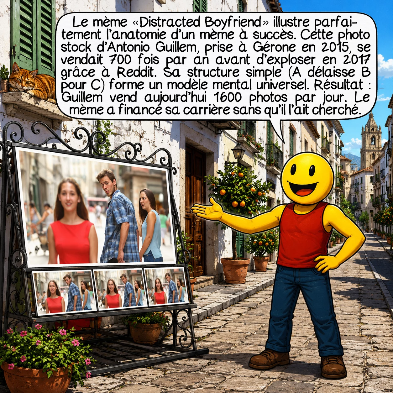 Les mèmes, case 6 : Le mème « Distracted Boyfriend » illustre parfaitement l’anatomie d’un mème à succès. La photo stock du photographe catalan Antonio Guillem, prise à Gérone en 2015, se vendait 700 fois par an sur Shutterstock — jusqu’en 2017, quand Reddit s’en empare. La structure ternaire (personnage A, distrait par C, au détriment de B) est un modèle mental universel. Guillem vend aujourd’hui 1 600 photos par jour grâce à l’effet de notoriété. Le mème a littéralement financé sa carrière sans qu’il l’ait cherché.