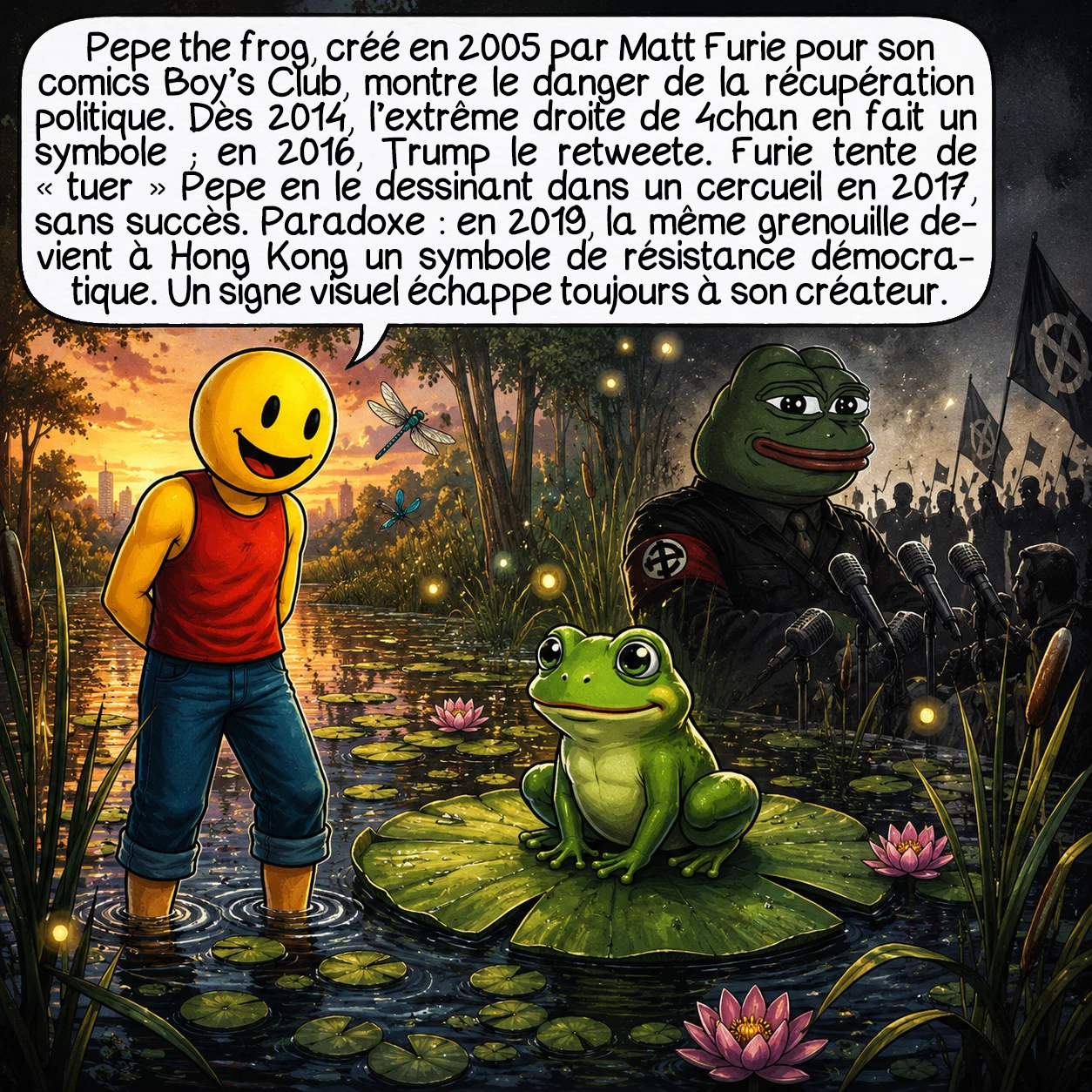 Les mèmes, case 7 : Pepe the Frog, créé en 2005 par le dessinateur Matt Furie pour son comics inoffensif Boy’s Club, illustre le danger de la récupération politique. Dès 2014, des communautés d’extrême droite sur 4chan le transforment en symbole haineux. En 2016, Trump lui-même le retweet. Furie dessine Pepe dans un cercueil en 2017 pour « tuer » son personnage — en vain. Paradoxe : la même grenouille devient symbole de résistance démocratique à Hong Kong en 2019, sans aucune connotation haineuse. Un signe visuel ne peut pas être possédé.