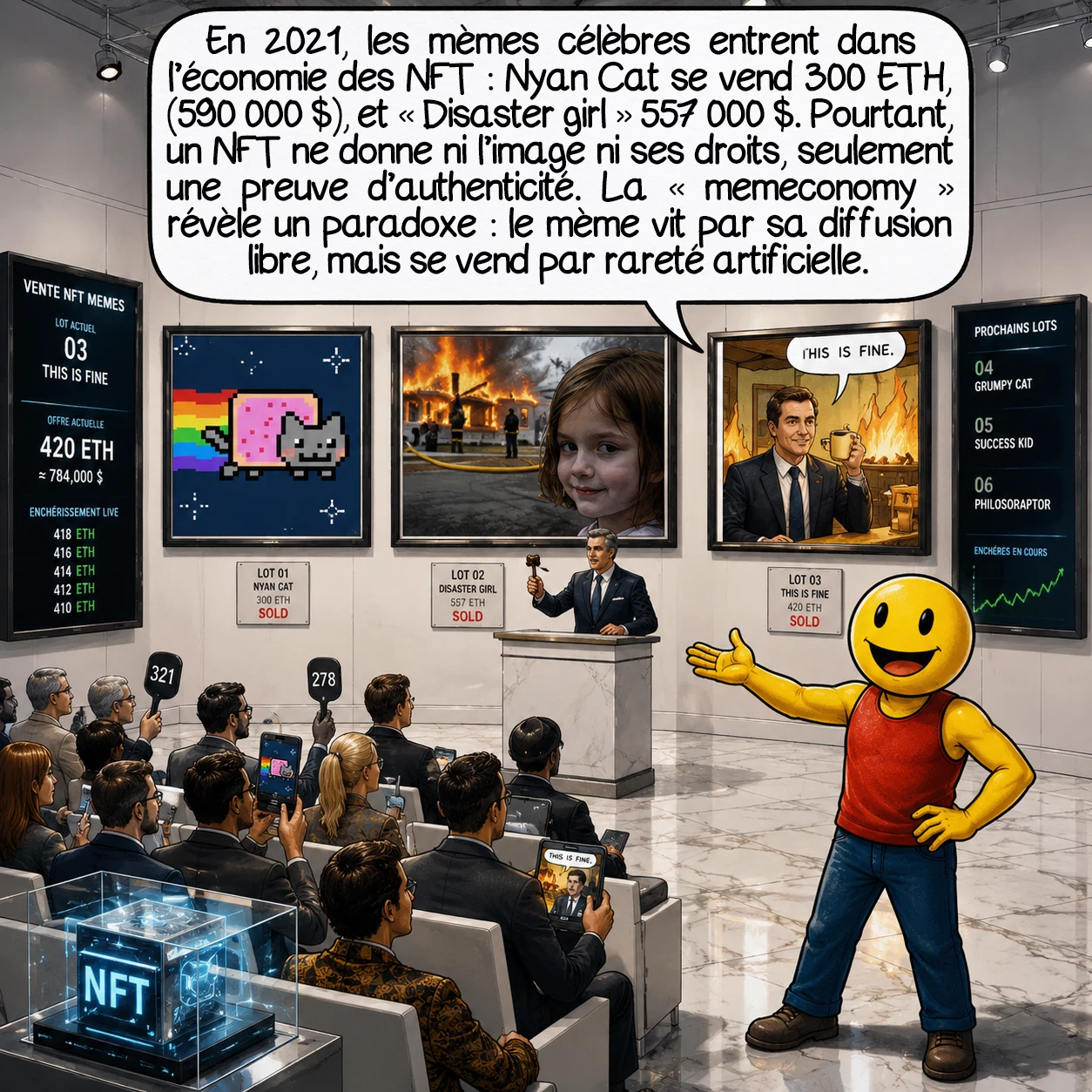 Les mèmes, case 8 : En 2021, les mèmes les plus célèbres entrent dans l’économie des NFT (jetons non fongibles sur blockchain). Nyan Cat se vend 300 ETH (~590 000 $). Zoë Roth, photographiée à 4 ans devant un incendie — la « Disaster Girl » — vend son NFT 557 000 $. Attention : acheter un NFT n’achète pas l’image ni les droits d’auteur, seulement les métadonnées d’authenticité. La « Memeconomy » révèle une contradiction : le mème tire sa valeur de la diffusion libre, mais la propriété se monétise par la rareté artificielle.