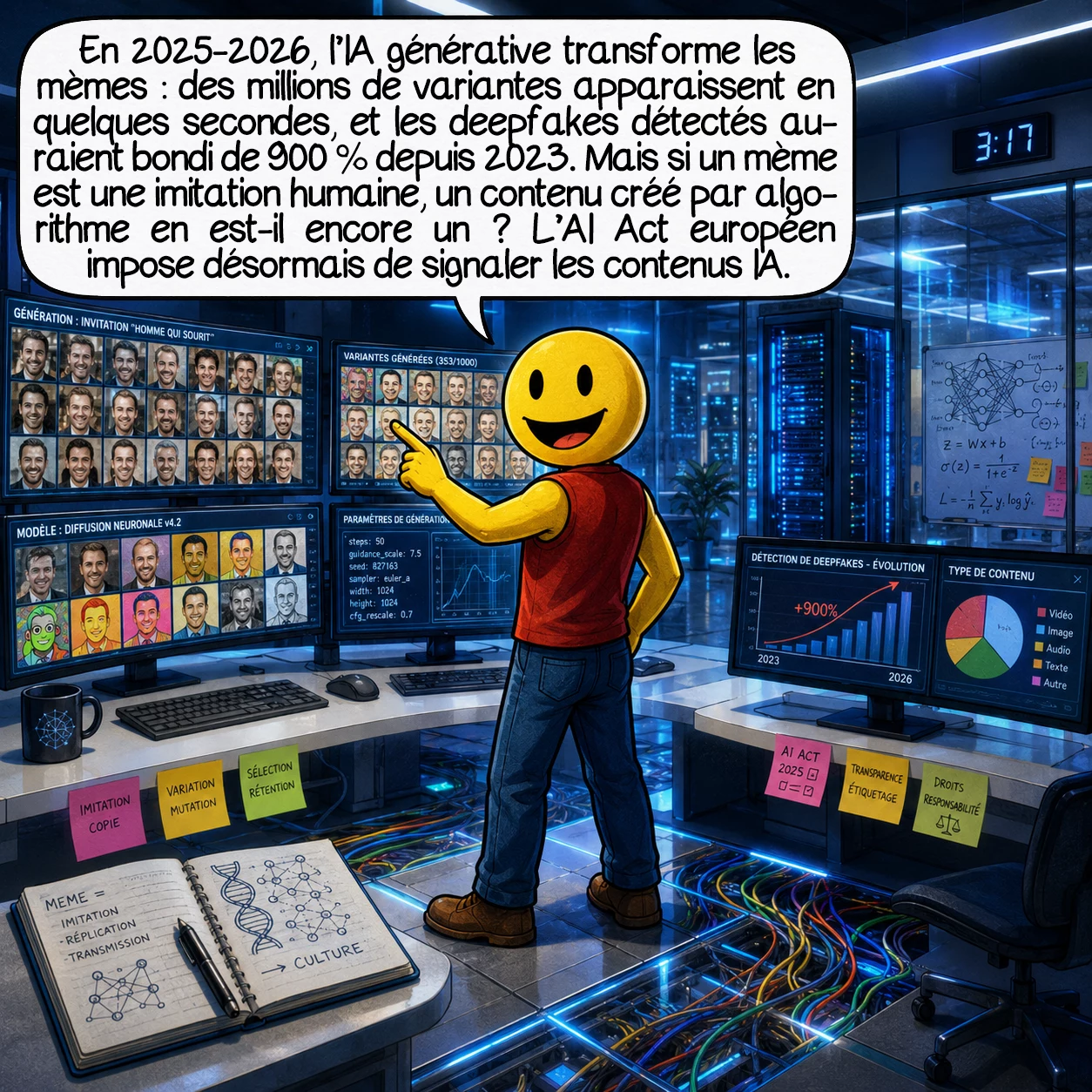 Les mèmes, case 9 : L’IA générative bouleverse la production de mèmes : en 2025-2026, des millions de variantes se créent en quelques secondes. Une étude académique révèle que le nombre de deepfakes détectés a augmenté de 900 % entre 2023 et 2026. La question philosophique est posée : si un mème est, par définition, une unité transmise par imitation humaine, un contenu créé et diffusé par algorithme est-il encore un mème ? L’AI Act européen (2025) impose désormais l’étiquetage obligatoire des contenus générés par IA.