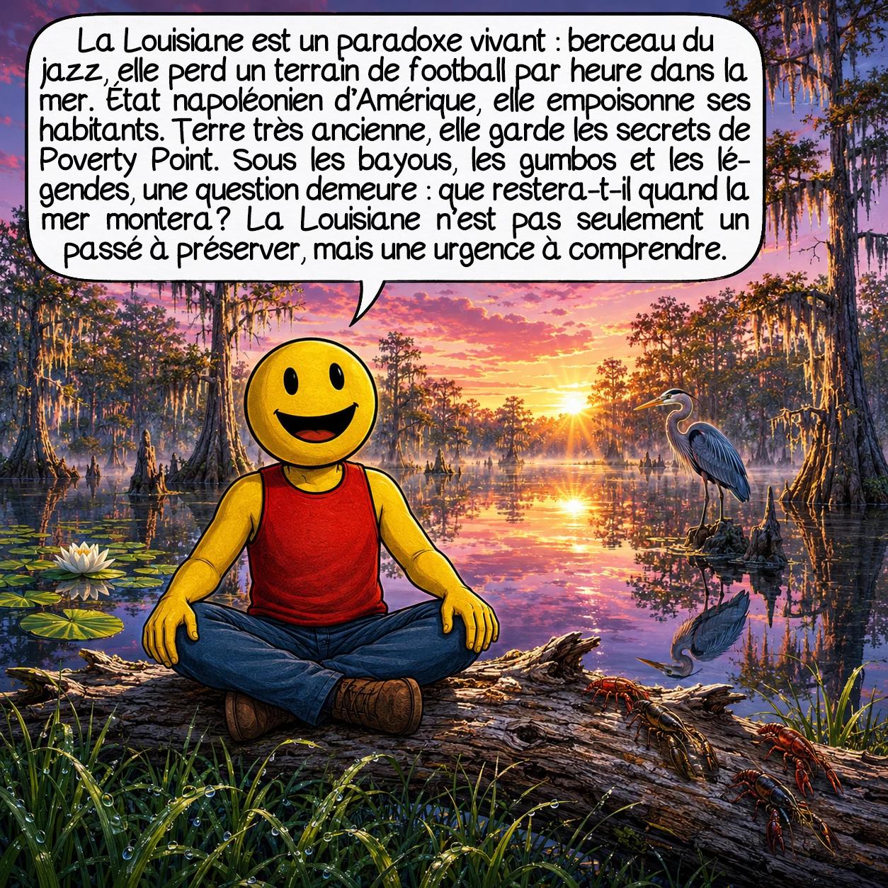 La Louisiane, case 10 : La Louisiane est un paradoxe vivant : l’État où naquit le jazz perd un terrain de football par heure dans la mer. L’État napoléonien d’Amérique empoisonne ses propres habitants. La terre la plus anciennement habitée du continent cache encore les secrets de Poverty Point. Et sous les bayous, les gumbos et les légendes, une question demeure : que reste-t-il de tout cela quand la mer monte ? La Louisiane n’est pas un passé à préserver — c’est une urgence à comprendre.
