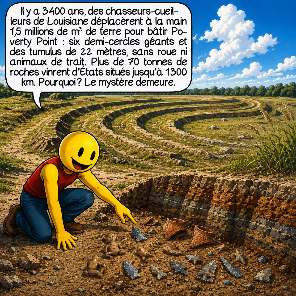 La Louisiane, case 2 : Il y a 3 400 ans — avant même les pyramides mayas — des chasseurs-cueilleurs louisianais déplacèrent à la main deux millions de yards cubes de terre pour construire Poverty Point : six immenses demi-cercles concentriques et des tumulus hauts de 22 mètres. Aucun animal de trait, aucune roue. Et ces bâtisseurs n’étaient pas des agriculteurs — juste des hommes. Plus de 70 tonnes de roches furent transportées depuis des États distants de 1 300 km. Pourquoi ? On ne sait toujours pas.