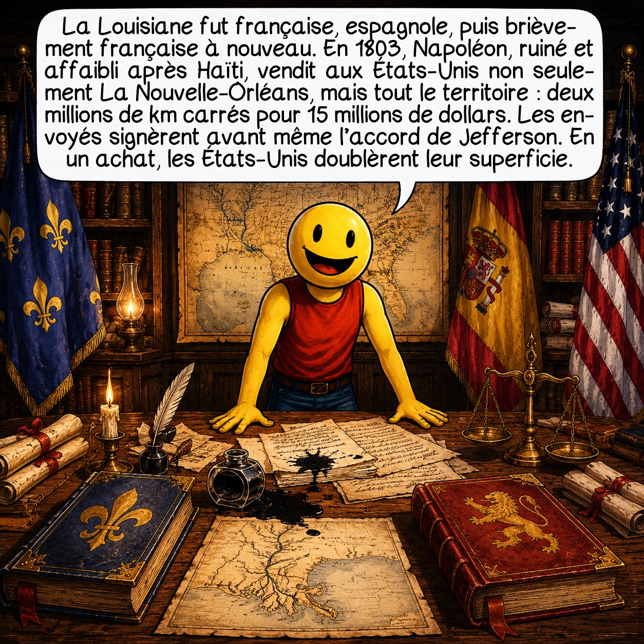 La Louisiane, case 3 : La Louisiane fut française (1682), puis espagnole (1762), puis française à nouveau — exactement vingt jours. En 1803, un Napoléon à court d’argent et battu en Haïti proposa aux États-Unis d’acheter non seulement La Nouvelle-Orléans, mais tout le territoire : 828 000 miles carrés pour 15 millions de dollars — trois centimes l’acre. Les envoyés américains signèrent avant même que Jefferson ne l’apprenne. En une transaction, les États-Unis doublèrent leur superficie.