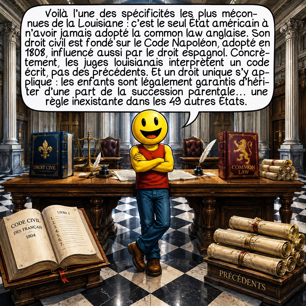 La Louisiane, case 4 : Voilà l’une des spécificités les plus méconnues de la Louisiane : c’est le seul État américain à n’avoir jamais adopté la common law anglaise. Son droit civil est fondé sur le Code Napoléon, adopté en 1808 — influencé aussi par le droit espagnol. Concrètement, les juges louisianais interprètent un code écrit, pas des précédents. Et un droit unique s’y applique : les enfants sont légalement garantis d’hériter d’une part de la succession parentale — une règle inexistante dans les 49 autres États.