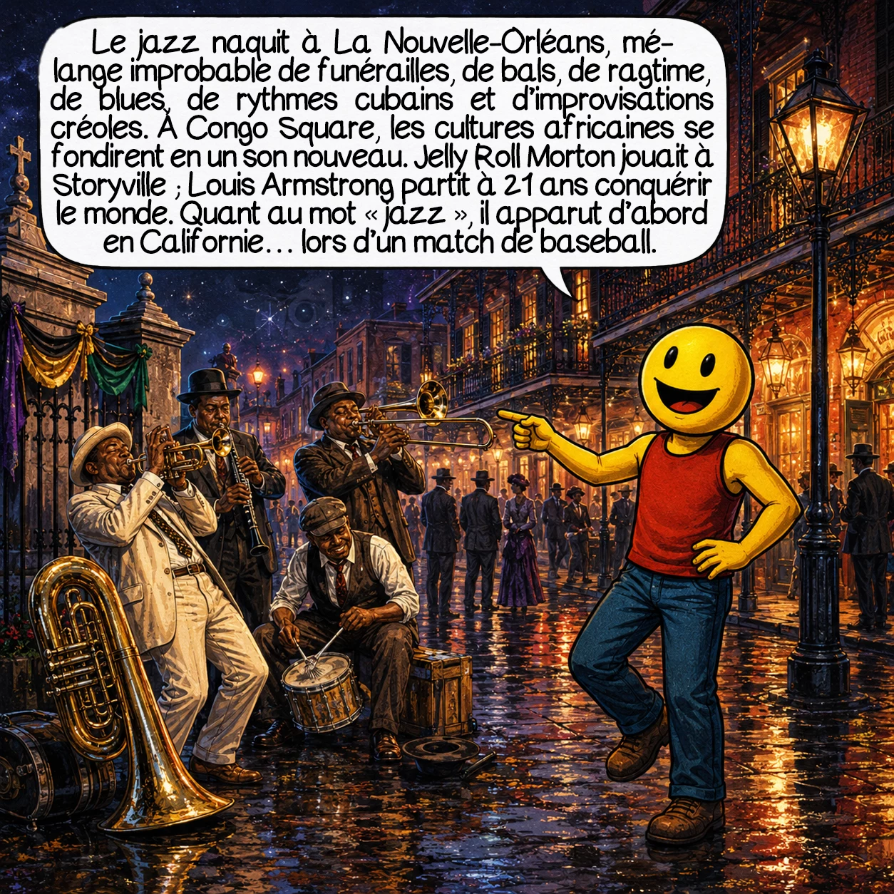 La Louisiane, case 5 : Le jazz naquit à La Nouvelle-Orléans au carrefour de l’impossible : musique de funérailles et de bals, ragtime, blues, rythmes cubains et improvisation des musiciens créoles bilingues. Congo Square — où les esclaves pouvaient légalement se réunir le dimanche — fut le creuset où les cultures africaines se fondirent en un son nouveau. Jelly Roll Morton jouait dans les bordels de Storyville ; Louis Armstrong quitta la ville à 21 ans pour conquérir le monde. Le mot « jazz » apparut d’abord dans la presse californienne, lors… d’un match de baseball.