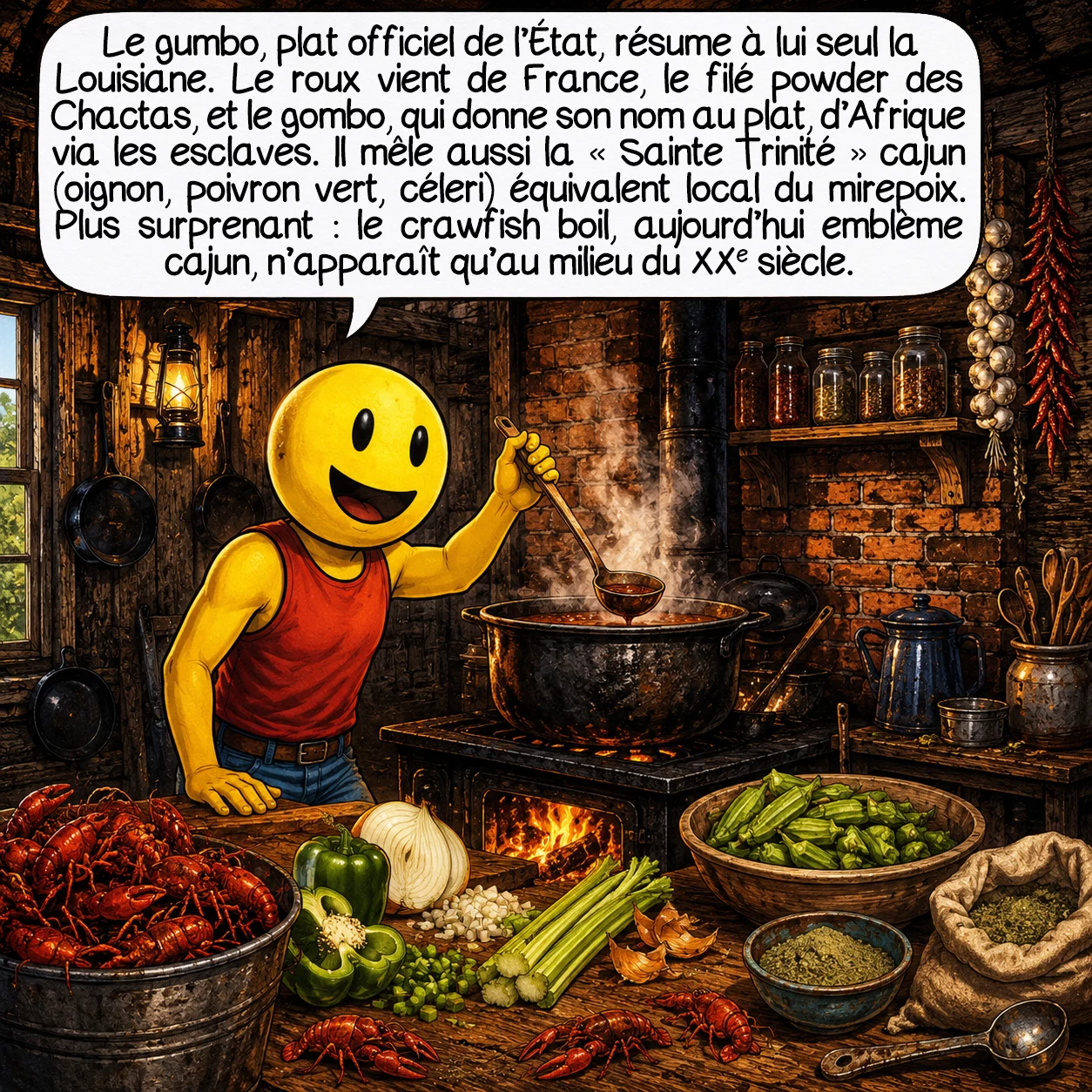 La Louisiane, case 6 : Le gumbo — plat officiel de l’État — est une encyclopédie à lui seul. Son nom vient du bantou « ki ngombo » (l’okra). Sa technique de roux vient de France. Le filé powder vient des Amérindiens Choctaw. L’okra vient d’Afrique via les esclaves. La première recette documentée date de 1803. Et l’oignon, le poivron vert et le céleri forment la « Sainte Trinité » cajun — l’équivalent local du mirepoix français. Surprise : le crawfish boil, symbole cajun universel, n’est apparu qu’au milieu du XXe siècle — les Acadiens originels ne mangeaient pas d’écrevisses.