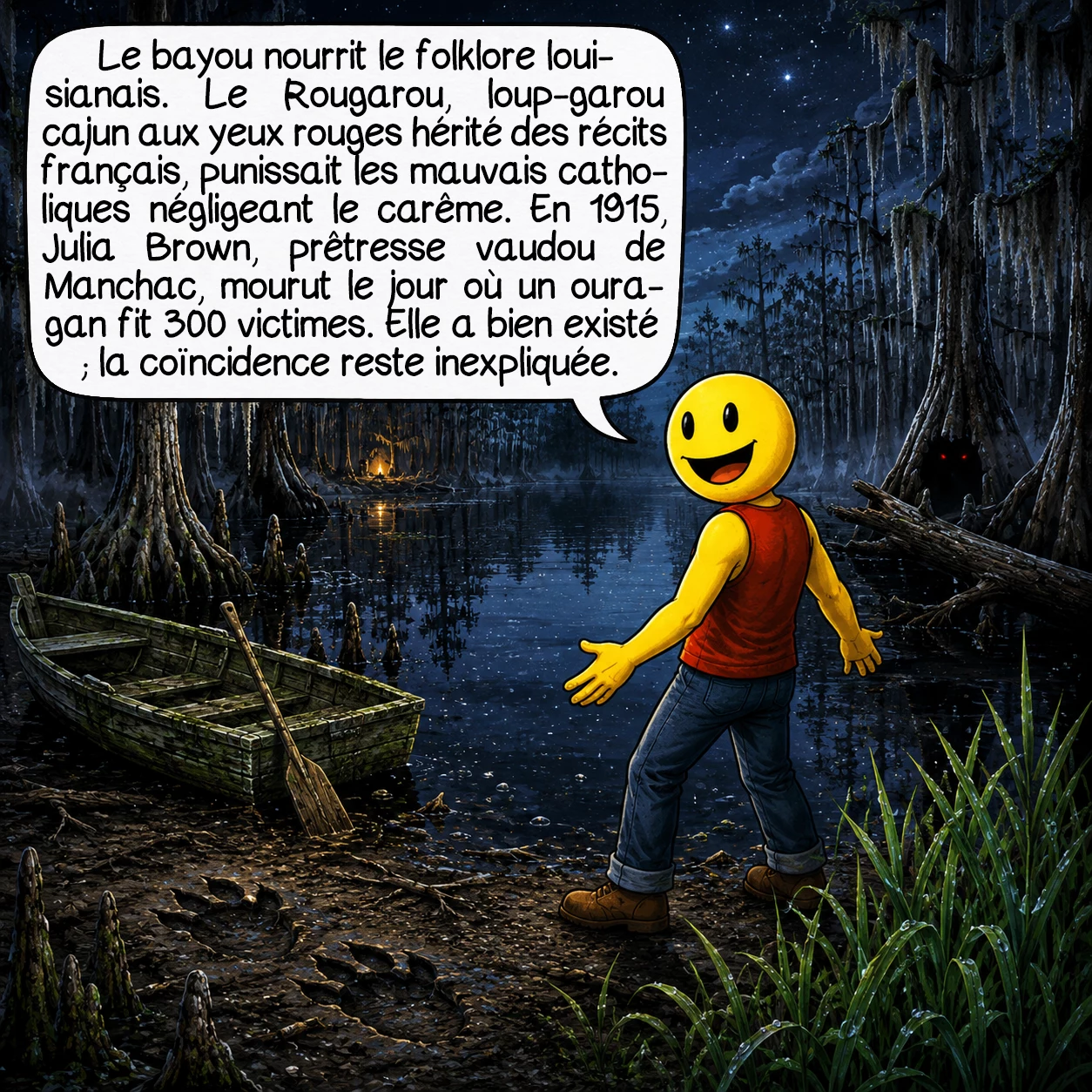 La Louisiane, case 8 : Le bayou est le territoire du folklore louisianais. Le Rougarou — loup-garou cajun aux yeux rouges, héritage direct des « loups-garous » français du XVIe siècle — s’attaquait selon la tradition aux mauvais catholiques négligeant le carême : une créature surnaturelle au service de la discipline religieuse. En 1915, Julia Brown, prêtresse vaudou des marais de Manchac, mourut le jour même où un ouragan tua 300 personnes. Les archives confirment qu’elle a existé. La coïncidence, elle, n’a jamais été expliquée.