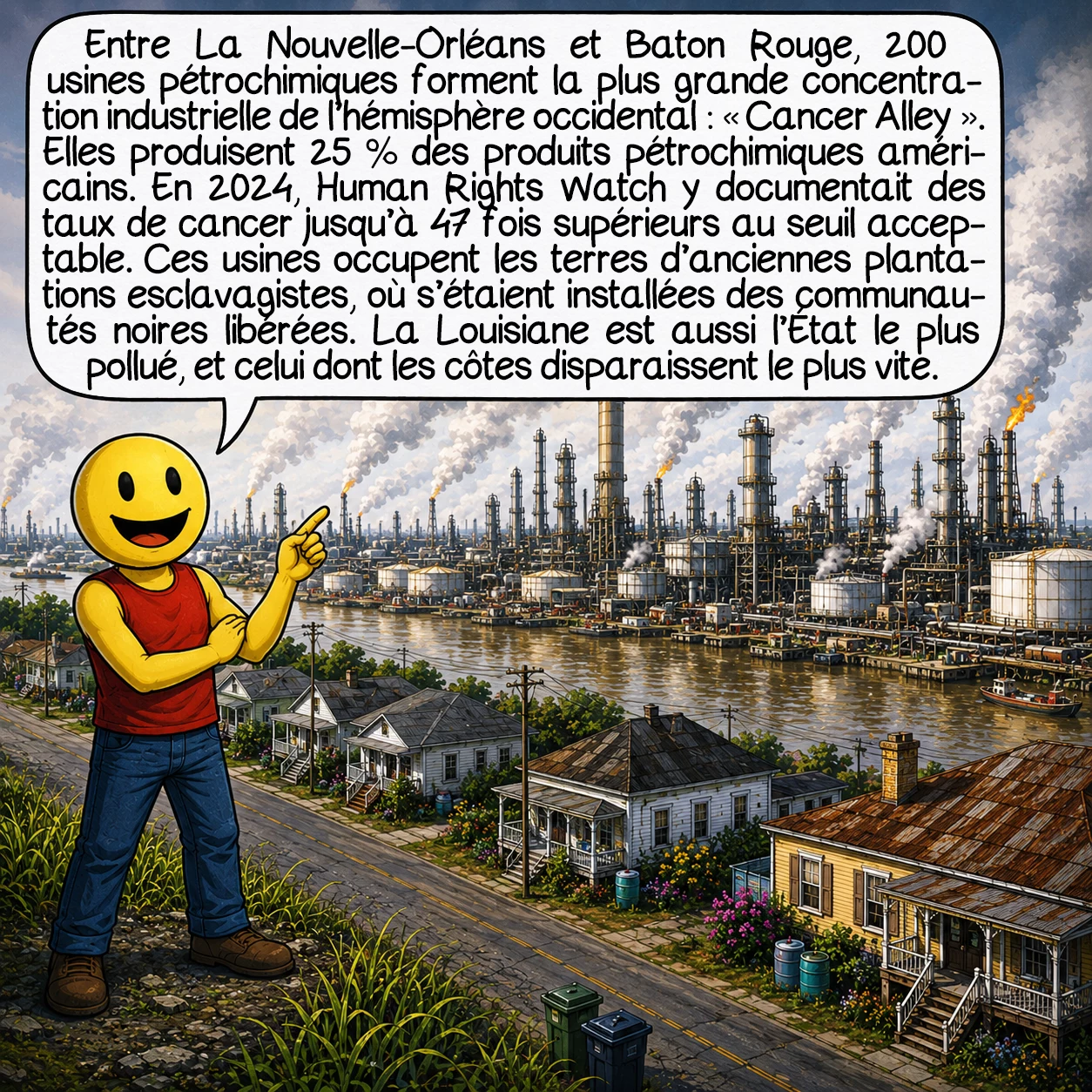 La Louisiane, case 9 : Entre La Nouvelle-Orléans et Baton Rouge, 200 usines pétrochimiques forment la plus grande concentration industrielle de l’hémisphère occidental — surnommée « Cancer Alley ». Elles produisent 25 % des produits pétrochimiques américains. Un rapport Human Rights Watch de 2024 documente des taux de cancer jusqu’à 47 fois supérieurs au seuil acceptable. Ces usines furent construites sur les terres des anciennes plantations esclavagistes, là où s’étaient établies les communautés noires libérées. La Louisiane est simultanément l’État le plus pollué et celui dont les côtes disparaissent le plus vite.