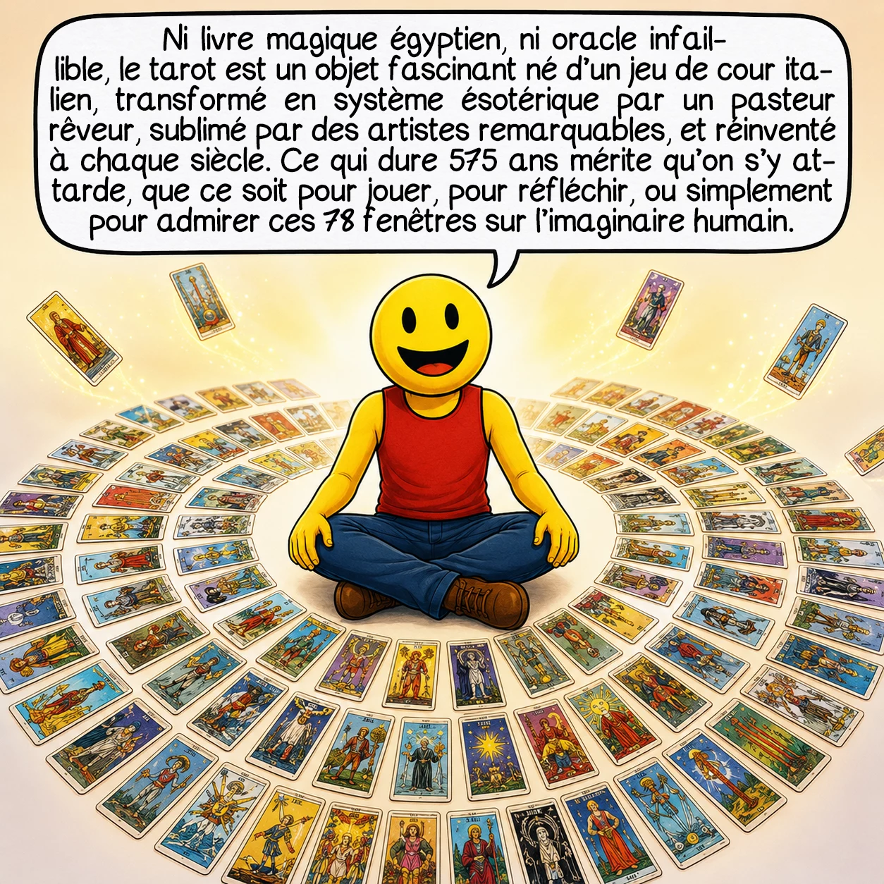 Le tarot, case 10 : Voilà : ni livre magique égyptien, ni oracle infaillible — mais un objet fascinant né d’un jeu de cour italien, transformé en système ésotérique par un pasteur rêveur, sublimé par des artistes remarquables, et réinventé à chaque siècle. Ce qui dure 575 ans mérite qu’on s’y attarde — que ce soit pour jouer, pour réfléchir, ou simplement pour admirer ces 78 fenêtres sur l’imaginaire humain.