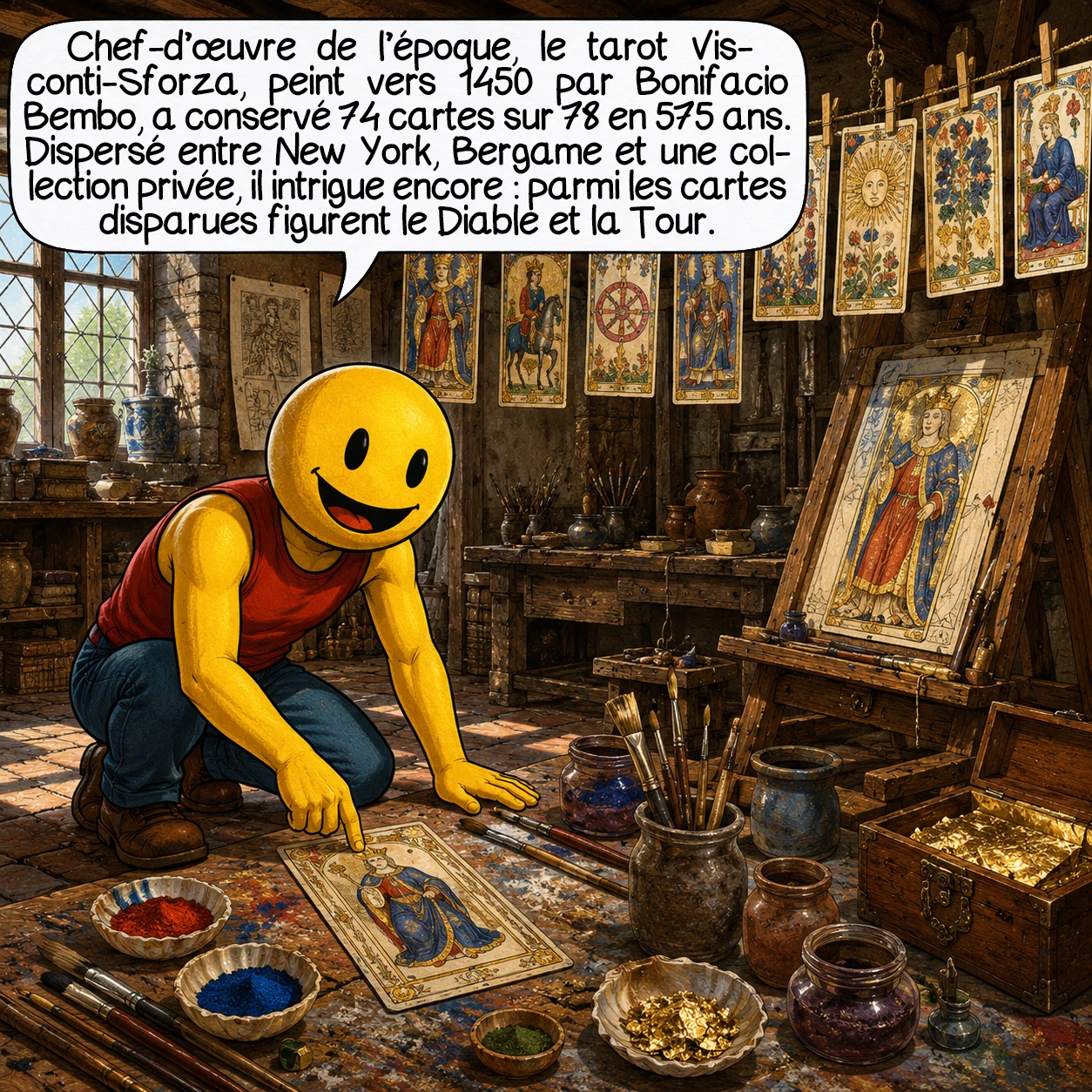 Le tarot, case 3 : Le chef-d’œuvre de cette époque est le Tarot Visconti-Sforza, peint vers 1450 par Bonifacio Bembo, peintre de la cour milanaise. Sur 78 cartes originales, 74 ont survécu 575 ans ! Elles sont aujourd’hui dispersées entre New York, Bergame et une collection privée. Fait troublant : parmi les 4 cartes disparues figurent précisément le Diable et la Tour…