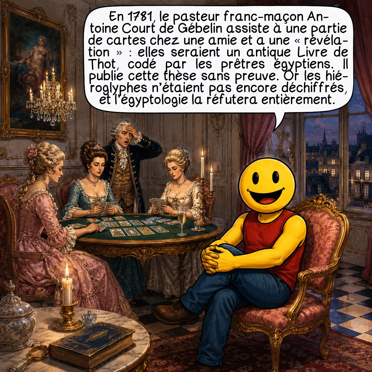 Le tarot, case 4 : En 1781, le pasteur franc-maçon Antoine Court de Gébelin assiste à une partie de cartes chez une amie et a une « révélation » : ces cartes seraient un antique Livre de Thot, encodé par les prêtres de l’Égypte ancienne ! Il publie cette thèse — sans aucune preuve. Problème : les hiéroglyphes n’étaient pas encore déchiffrés. L’égyptologie naissante réfutera entièrement cette théorie.