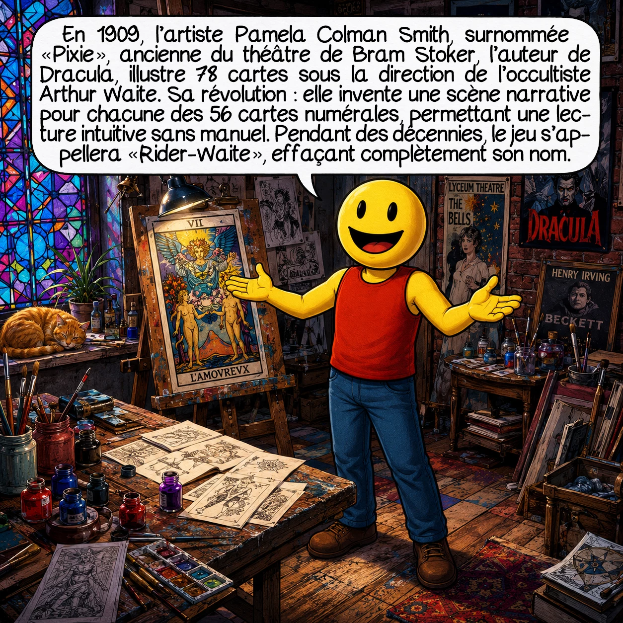 Le tarot, case 6 : En 1909, l’artiste Pamela Colman Smith — surnommée « Pixie », ancienne du théâtre de Bram Stoker, l’auteur de Dracula — illustre 78 cartes sous la direction de l’occultiste Arthur Waite. Sa révolution : elle invente une scène narrative pour chacune des 56 cartes numérales, permettant une lecture intuitive sans manuel. Pendant des décennies, le jeu s’appellera « Rider-Waite », effaçant complètement son nom.