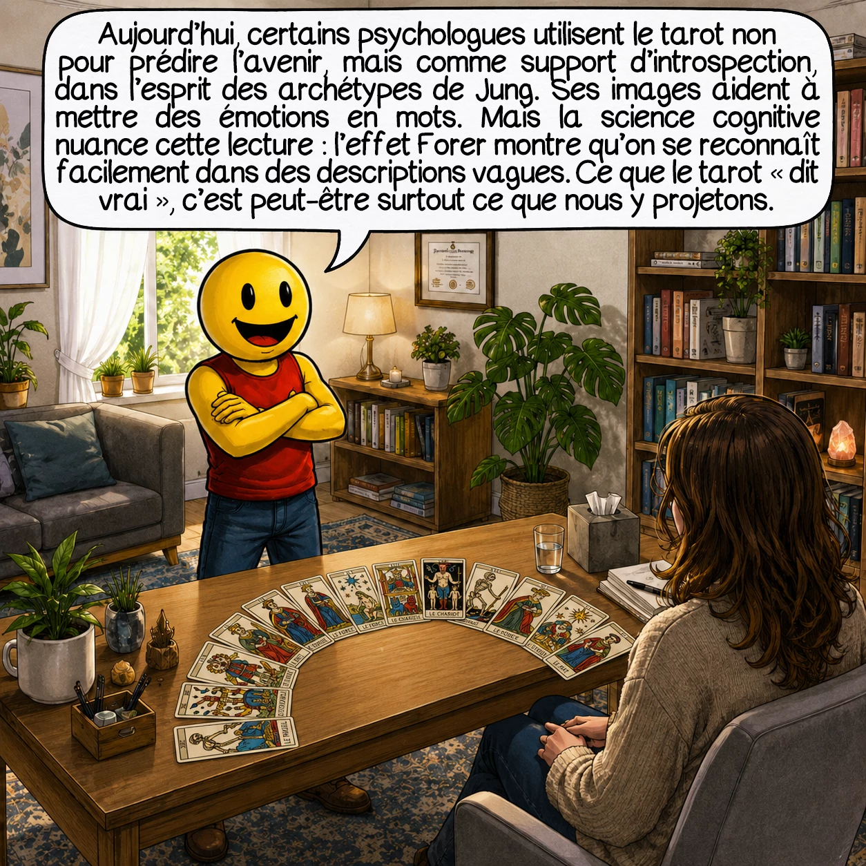 Le tarot, case 8 : Aujourd’hui, certains psychologues utilisent le tarot non comme outil divinatoire, mais comme support d’introspection — dans l’esprit des archétypes de Carl Jung. Les images servent à verbaliser des émotions. Mais la science cognitive apporte un éclairage différent : l’effet Forer (1948) montre qu’on reconnaît toujours sa personnalité dans une description vague. Ce que le tarot « dit vrai », c’est peut-être avant tout ce que nous lui amenons.