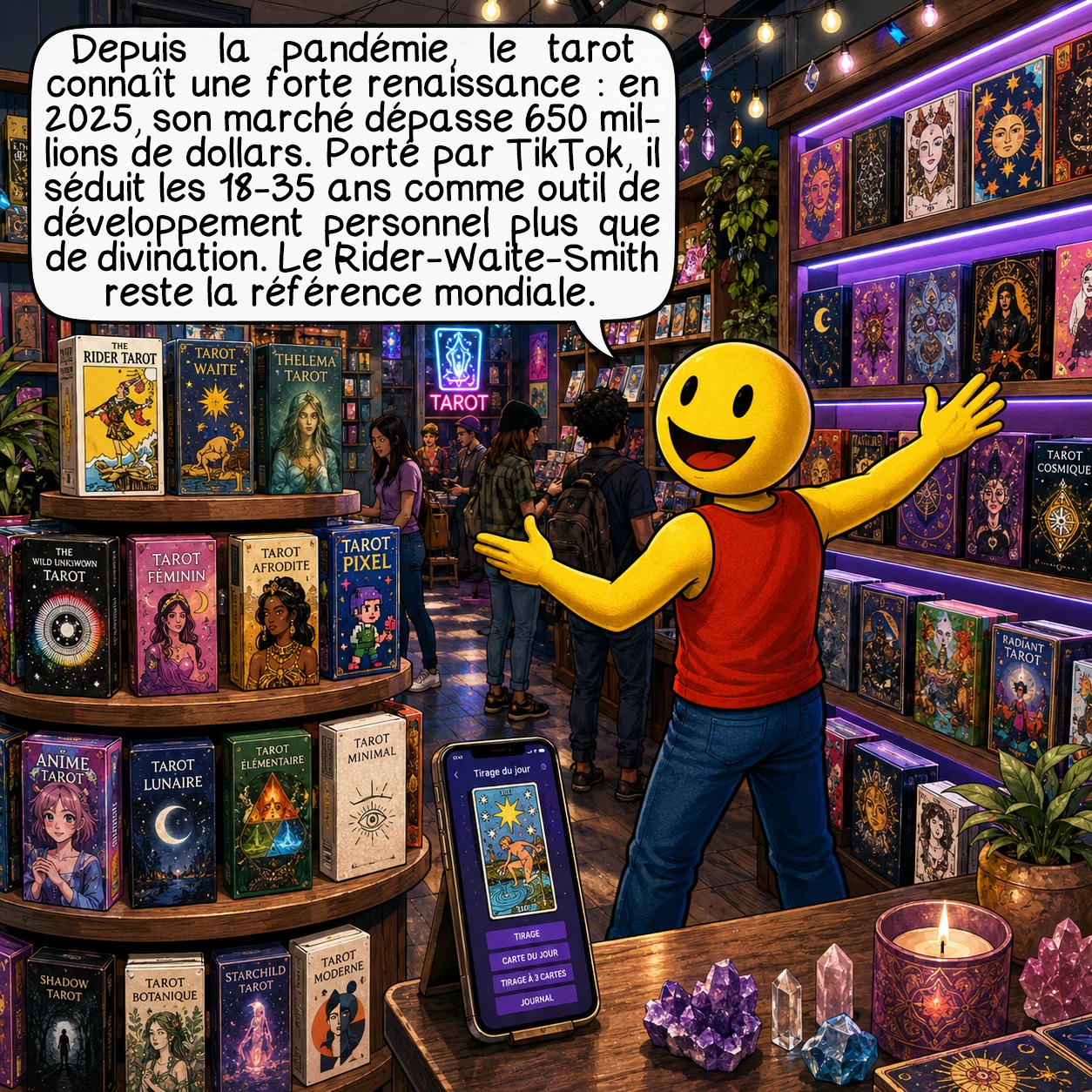 Le tarot, case 9 : Depuis la pandémie de 2020, le tarot connaît une renaissance mondiale massive : le marché dépasse 650 millions de dollars en 2025, avec des milliers de decks différents. TikTok a joué un rôle décisif, attirant les 18-35 ans qui vivent le tarot moins comme de la divination que comme un outil de développement personnel. La carte du Rider-Waite-Smith reste la référence absolue — vendue dans le monde entier.