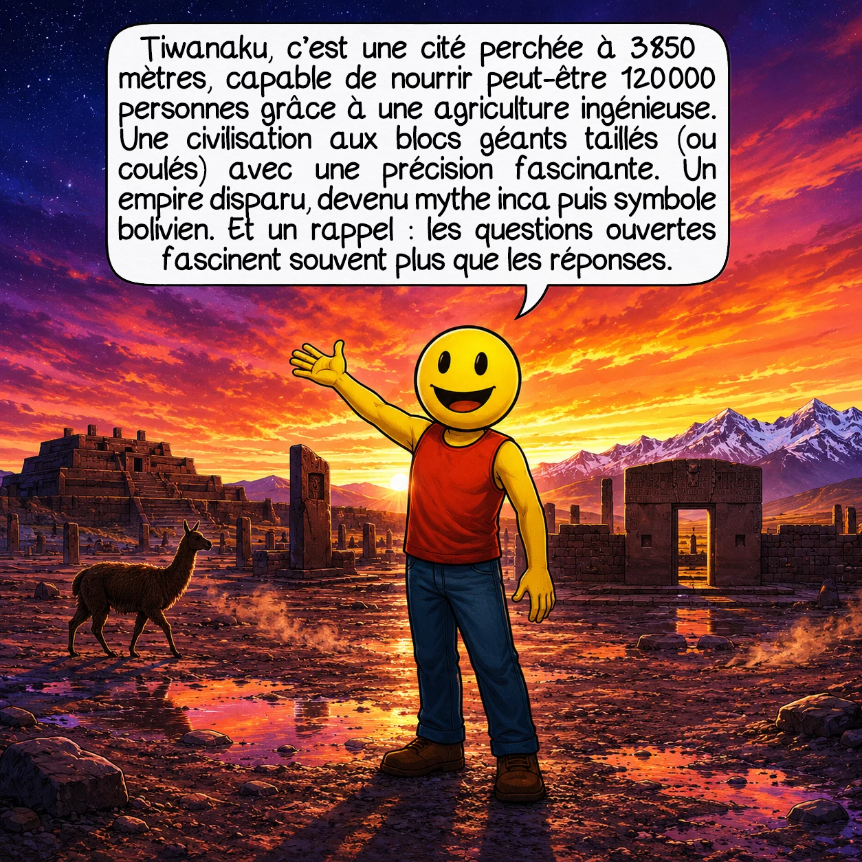 Tiwanaku, case 10 : Tiwanaku, c’est une ville qui nourrissait peut-être 120 000 personnes à 3 850 mètres d’altitude, grâce à une agriculture ingénieuse que nous réapprenons. C’est une civilisation qui taillait (ou peut-être coulait) des blocs de 180 tonnes avec une précision millimétrée. C’est un empire qui disparut, que les Incas transformèrent en mythe fondateur, et que la Bolivie moderne réinvente en identité nationale. Et c’est surtout un rappel : les questions ouvertes sont souvent plus fascinantes que les réponses fermées.