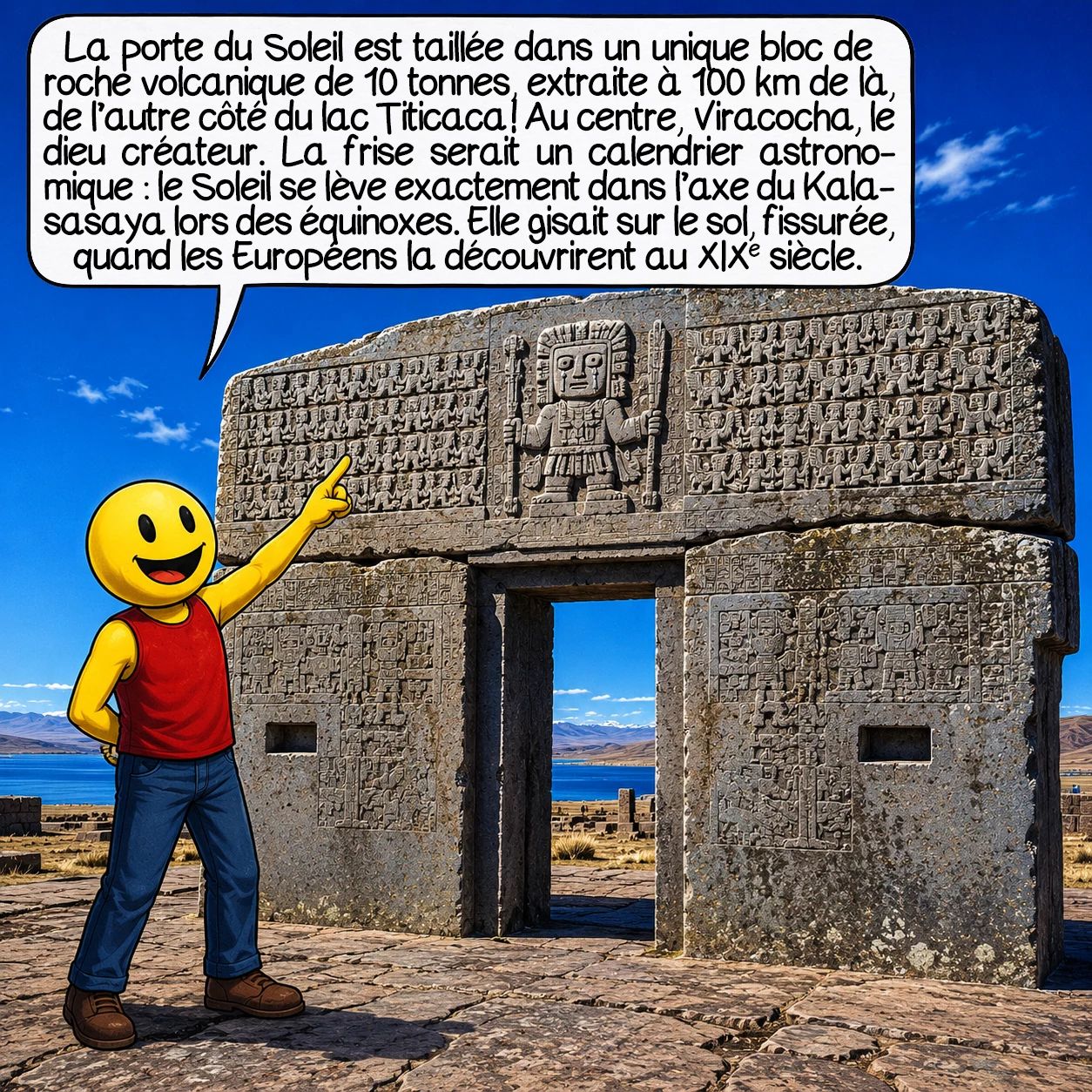 Tiwanaku, case 2 : Cette porte du Soleil est taillée dans un unique bloc d’andésite de 10 tonnes : une roche volcanique extraite à 100 km de là, de l’autre côté du lac Titicaca ! La divinité centrale est Viracocha, dieu créateur. La frise serait un calendrier astronomique : le soleil se lève exactement dans l’axe du Kalasasaya lors des équinoxes. Elle gisait sur le sol, fissurée, quand les Européens la découvrirent au XIXe siècle.