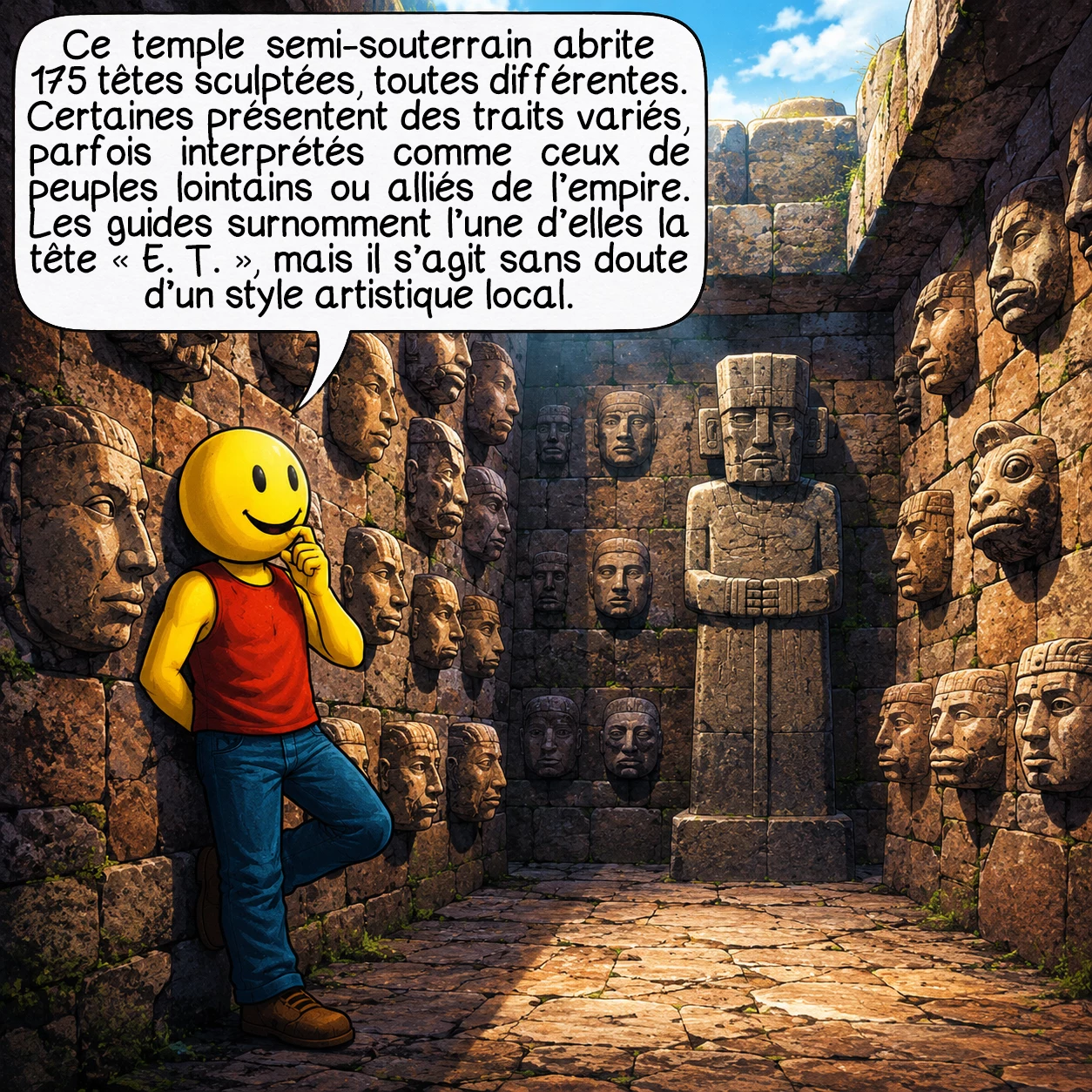 Tiwanaku, case 4 : Ce temple semi-souterrain abrite 175 têtes sculptées, toutes différentes. Certaines semblent représenter des peuples venus de très loin : traits variés, nez distincts, morphologies inédites en Amérique du Sud. L’interprétation dominante y voit les peuples tributaires ou alliés de l’empire. Les guides locaux désignent une tête à la forme inhabituelle comme la tête « E. T. », mais il s’agit probablement d’un style artistique localisé.