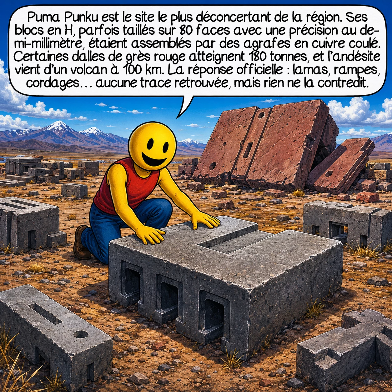 Tiwanaku, case 5 : Puma Punku est le site le plus déconcertant de la région. Ces blocs en H présentent jusqu’à 80 faces taillées avec une précision répétable au demi-millimètre. Des agrafes en cuivre coulé scellaient les assemblages. Les dalles de grès rouge atteignent 180 tonnes : les plus massives du Nouveau Monde. L’andésite provient d’un volcan à 100 km. Comment ? La réponse officielle : lamas, rampes, cordages… aucune trace retrouvée, mais aucun élément ne contredit cette hypothèse.