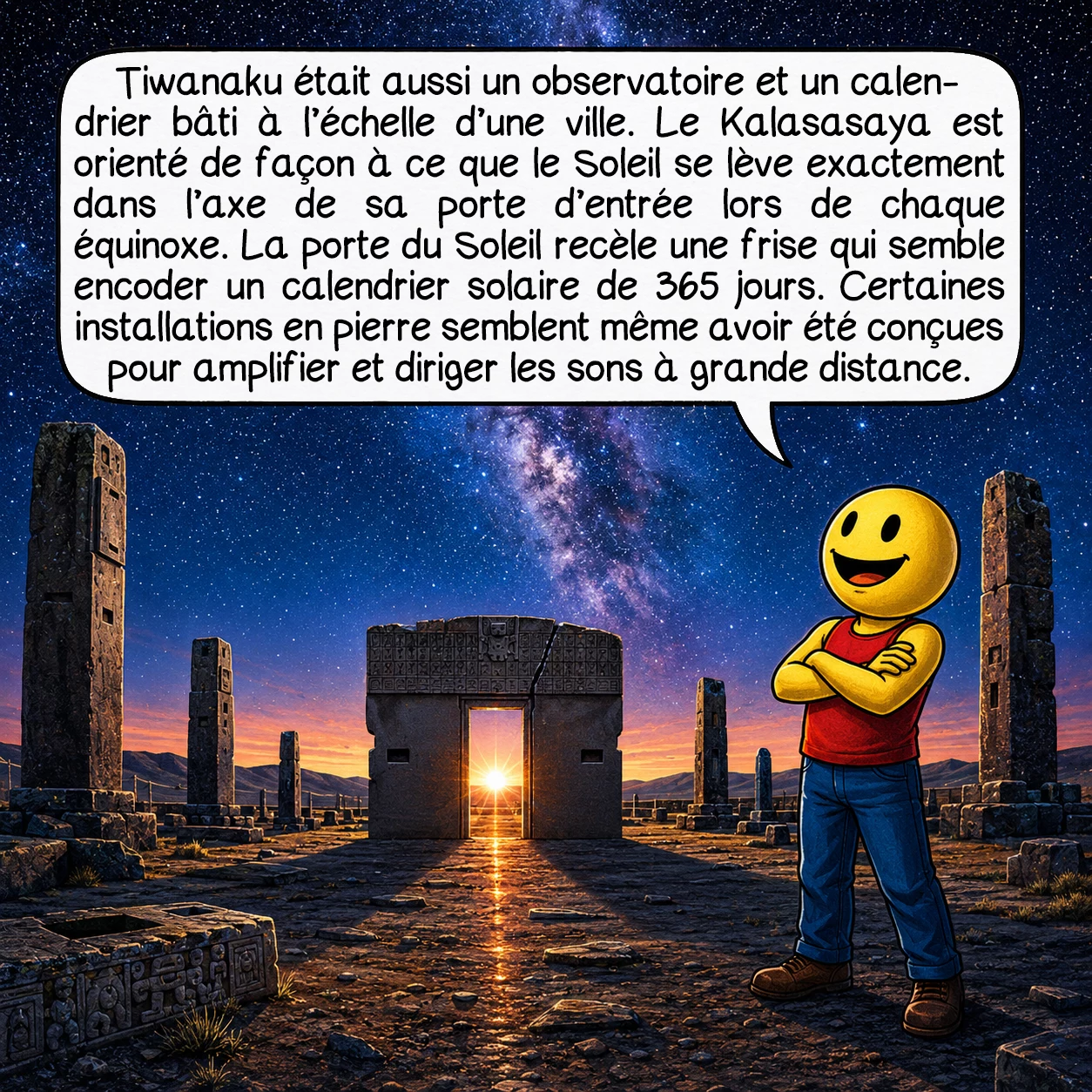 Tiwanaku, case 6 : Tiwanaku était aussi un observatoire et un calendrier bâti à l’échelle d’une ville. Le Kalasasaya est orienté de façon à ce que le soleil se lève exactement dans l’axe de sa porte d’entrée lors de chaque équinoxe. La porte du Soleil recèle une frise qui semble encoder un calendrier solaire de 365 jours. Certaines installations en pierre semblent même avoir été conçues pour amplifier et diriger les sons à grande distance.