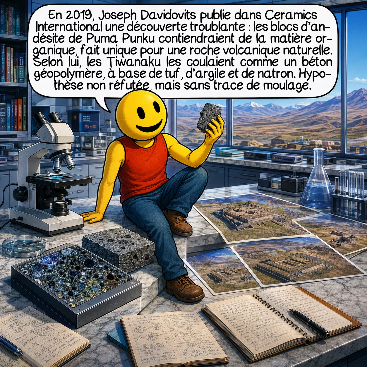 Tiwanaku, case 7 : En 2019, le chimiste Joseph Davidovits publie dans Ceramics International une découverte troublante : les blocs d’andésite de Puma Punku contiennent de la matière organique ! Un cas unique pour une roche volcanique naturelle. Son hypothèse : les Tiwanaku ne taillaient pas la pierre, ils la coulaient comme du béton géopolymère, à partir de tuf volcanique, d’argile et de sel natron. Non réfuté à ce jour. Mais aucune infrastructure de moulage n’a été retrouvée.