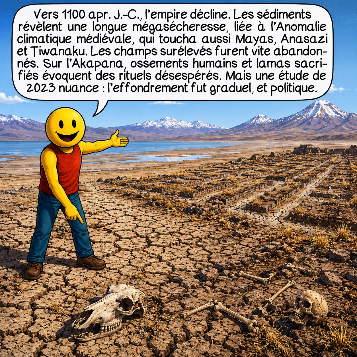 Tiwanaku, case 8 : Vers 1100 apr. J.-C., l’empire s’effondre. Des analyses de sédiments lacustres documentent une mégasécheresse pluriséculaire (l’Anomalie climatique médiévale) qui frappa simultanément les Mayas, les Anasazi et Tiwanaku. Les champs surélevés furent abandonnés en moins de 200 ans. Des ossements humains et des lamas sacrifiés retrouvés au sommet de l’Akapana suggèrent des tentatives rituelles désespérées. Mais une étude bayésienne de 2023 nuance : l’effondrement fut graduel, avec des causes politiques internes tout aussi déterminantes.