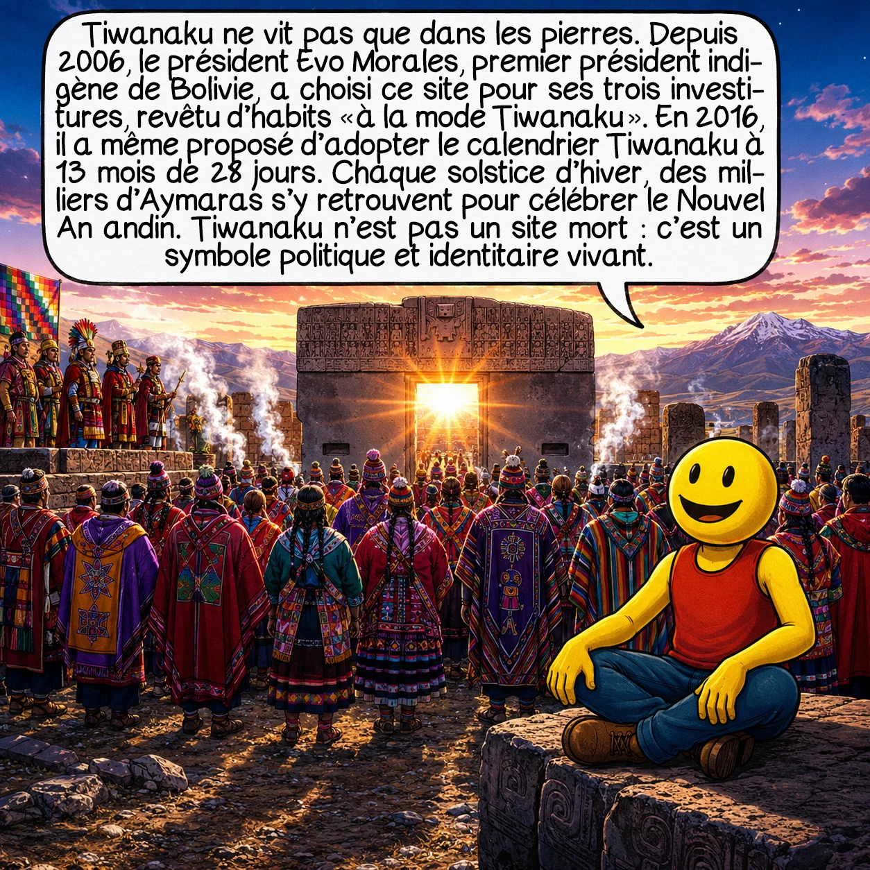 Tiwanaku, case 9 : Tiwanaku ne vit pas que dans les pierres. Depuis 2006, le président Evo Morales, premier président indigène de Bolivie, a choisi ce site pour ses trois investitures, revêtu d’habits « à la mode Tiwanaku ». En 2016, il a même proposé d’adopter le calendrier Tiwanaku à 13 mois de 28 jours. Chaque solstice d’hiver, des milliers d’Aymaras s’y retrouvent pour célébrer le Nouvel An andin. Tiwanaku n’est pas un site mort : c’est un symbole politique et identitaire vivant.