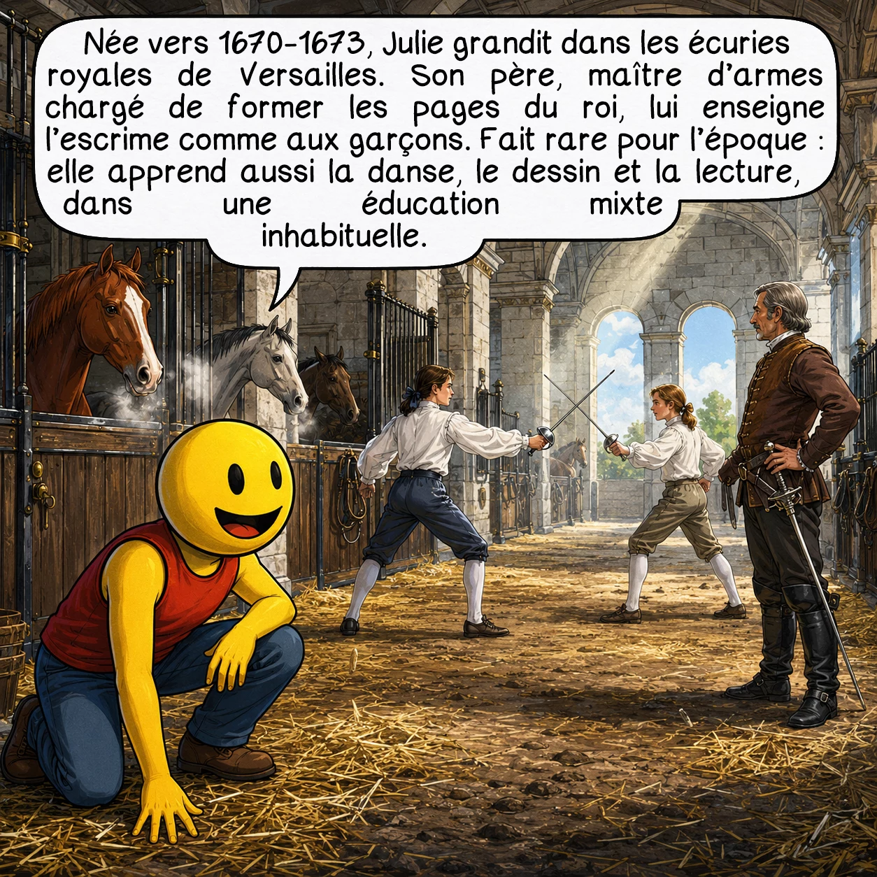Julie d’Aubigny, case 2 : Née vers 1670-1673, Julie grandit dans les écuries royales de Versailles. Son père, maître d’armes chargé de former les pages du roi, lui enseigne l’escrime comme aux garçons. Fait rare pour l’époque : elle apprend aussi la danse, le dessin et la lecture, dans une éducation mixte inhabituelle.