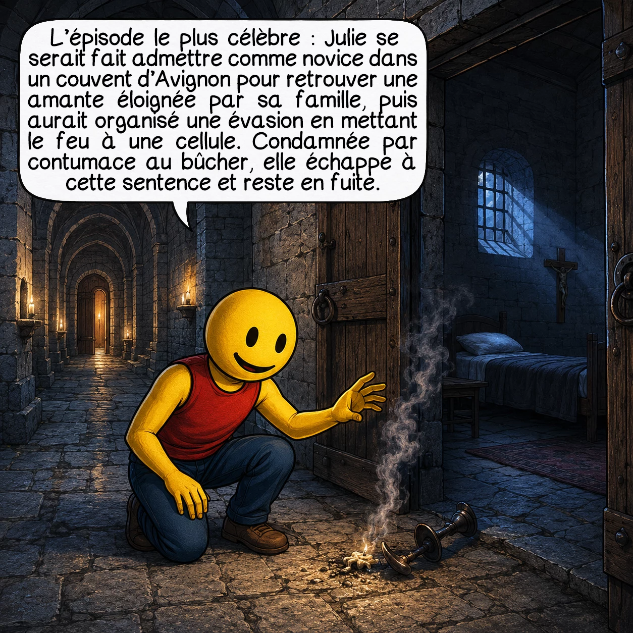 Julie d’Aubigny, case 4 : L’épisode le plus célèbre : Julie se serait fait admettre comme novice dans un couvent d’Avignon pour retrouver une amante éloignée par sa famille, puis aurait organisé une évasion en mettant le feu à une cellule. Condamnée par contumace au bûcher, elle échappe à cette sentence et reste en fuite.