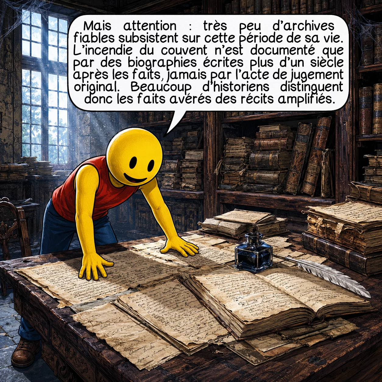 Julie d’Aubigny, case 5 : Mais attention : très peu d’archives fiables subsistent sur cette période de sa vie. L’incendie du couvent n’est documenté que par des biographies écrites plus d’un siècle après les faits, jamais par l’acte de jugement original. Beaucoup d’historiens distinguent donc les faits avérés des récits amplifiés.